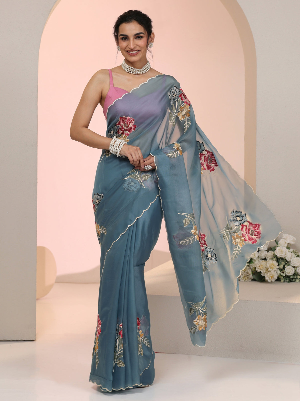 Steel Blue Floral Embroidered Tissue Saree with Scalloped Border
