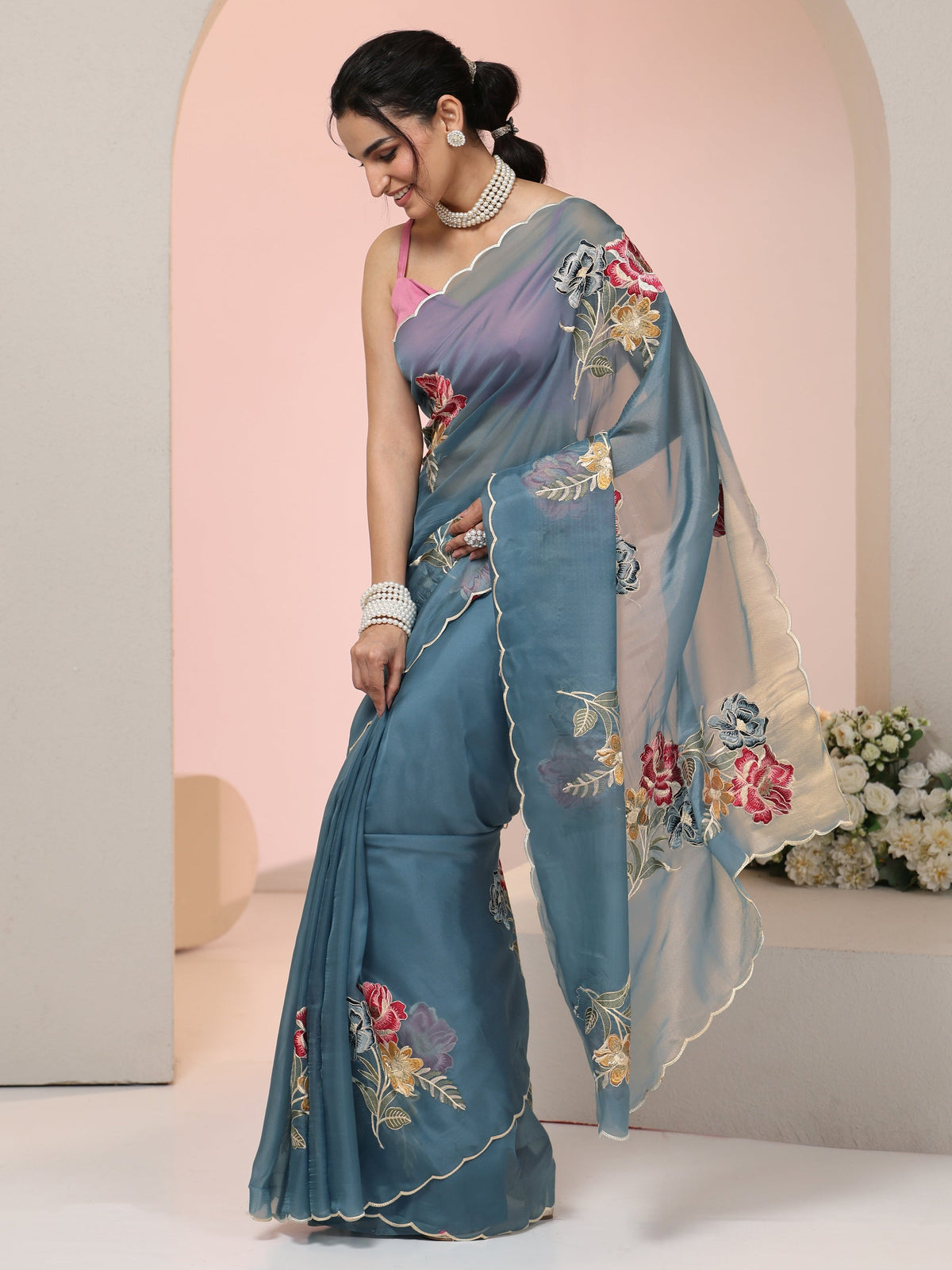 Steel Blue Floral Embroidered Tissue Saree with Scalloped Border
