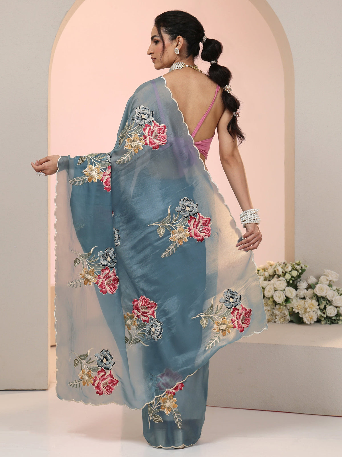 Steel Blue Floral Embroidered Tissue Saree with Scalloped Border