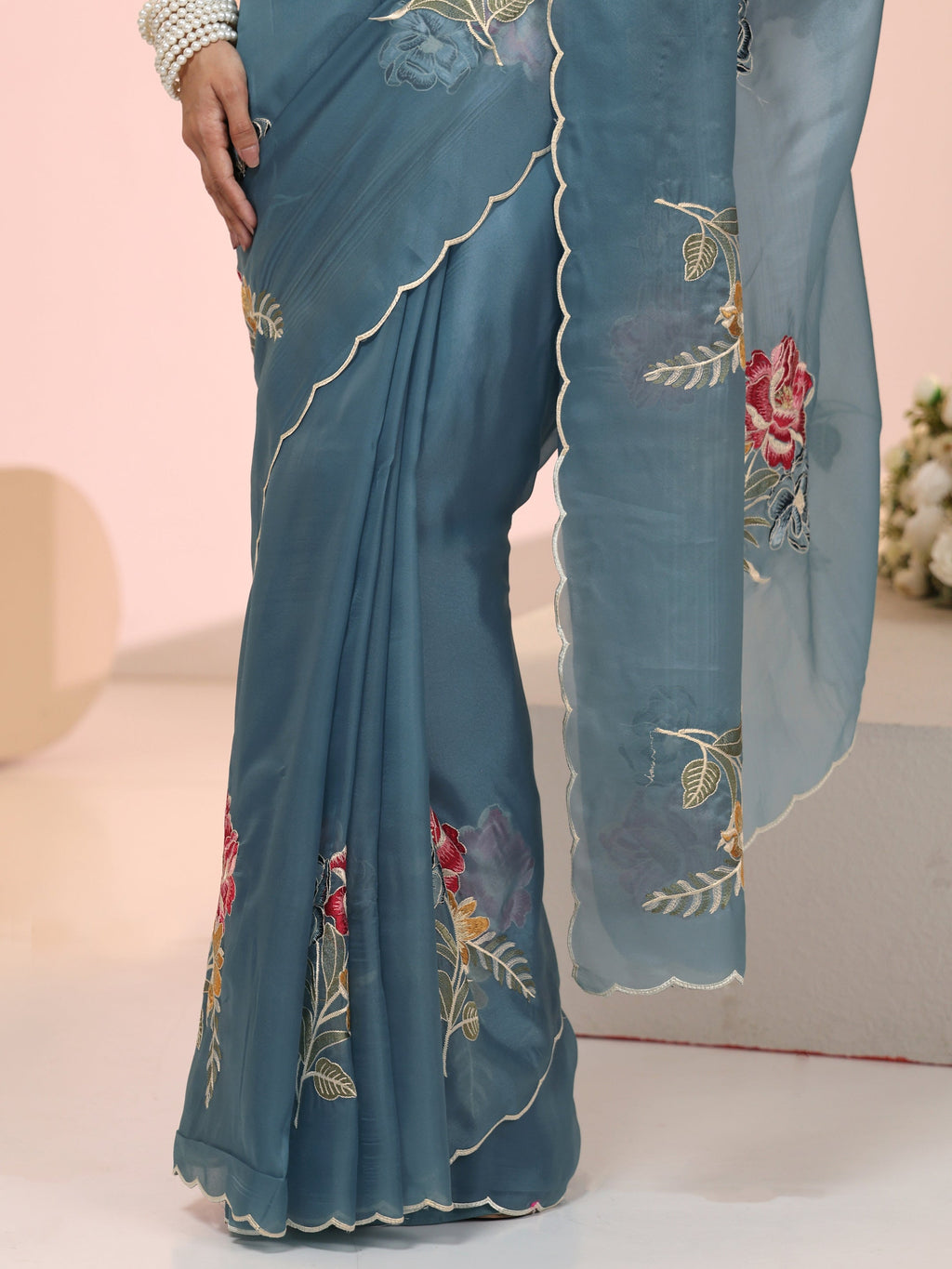 Steel Blue Floral Embroidered Tissue Saree with Scalloped Border