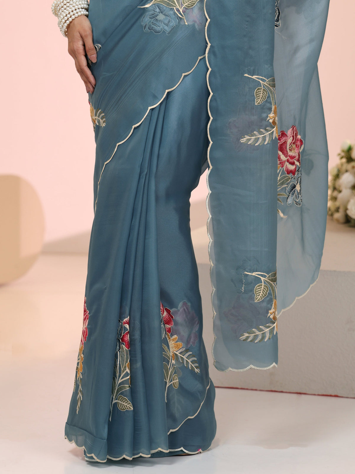 Steel Blue Floral Embroidered Tissue Saree with Scalloped Border
