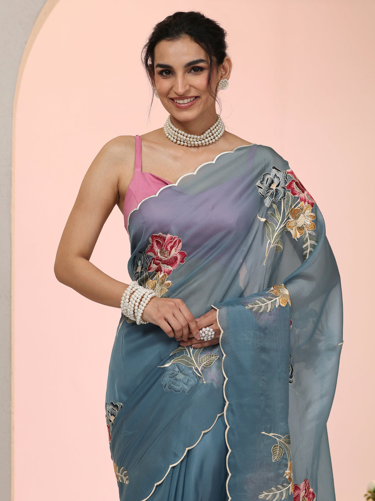 Steel Blue Floral Embroidered Tissue Saree with Scalloped Border