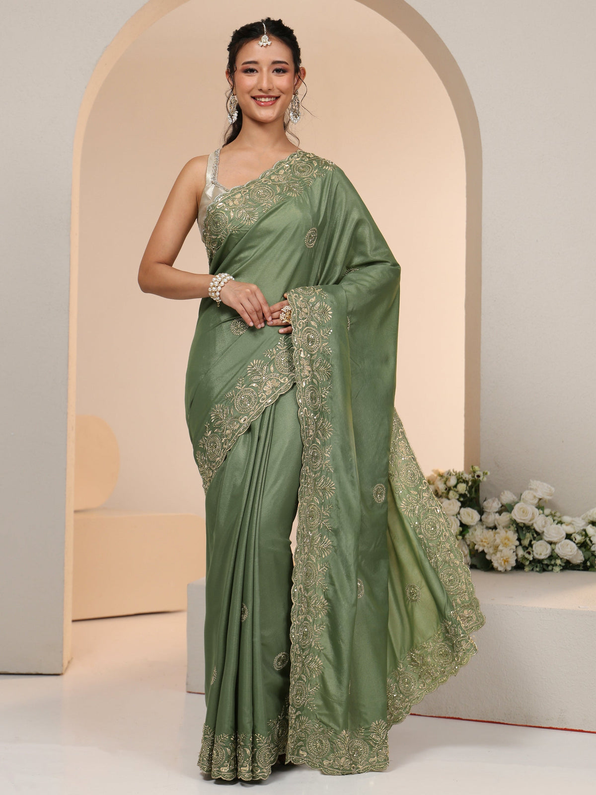 Sage Green Embroidered Silk Blend Saree