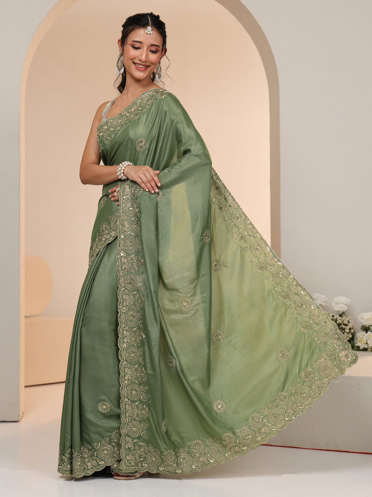 Sage Green Embroidered Silk Blend Saree