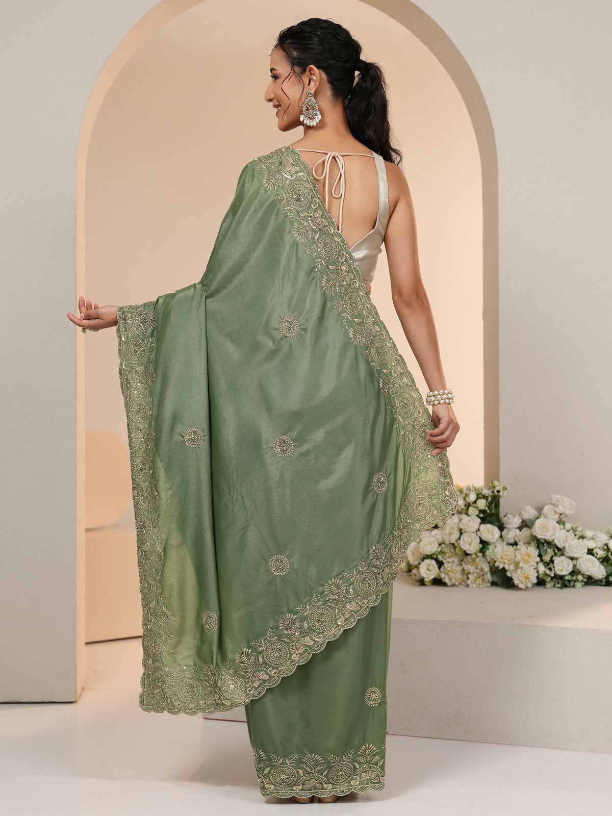Sage Green Embroidered Silk Blend Saree