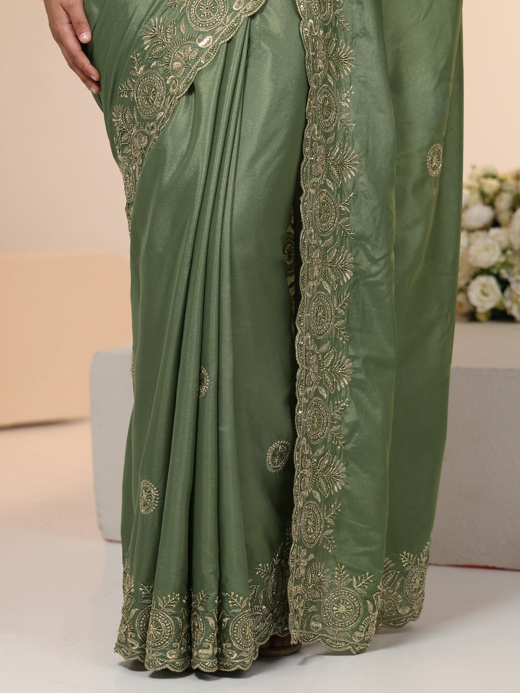 Sage Green Embroidered Silk Blend Saree