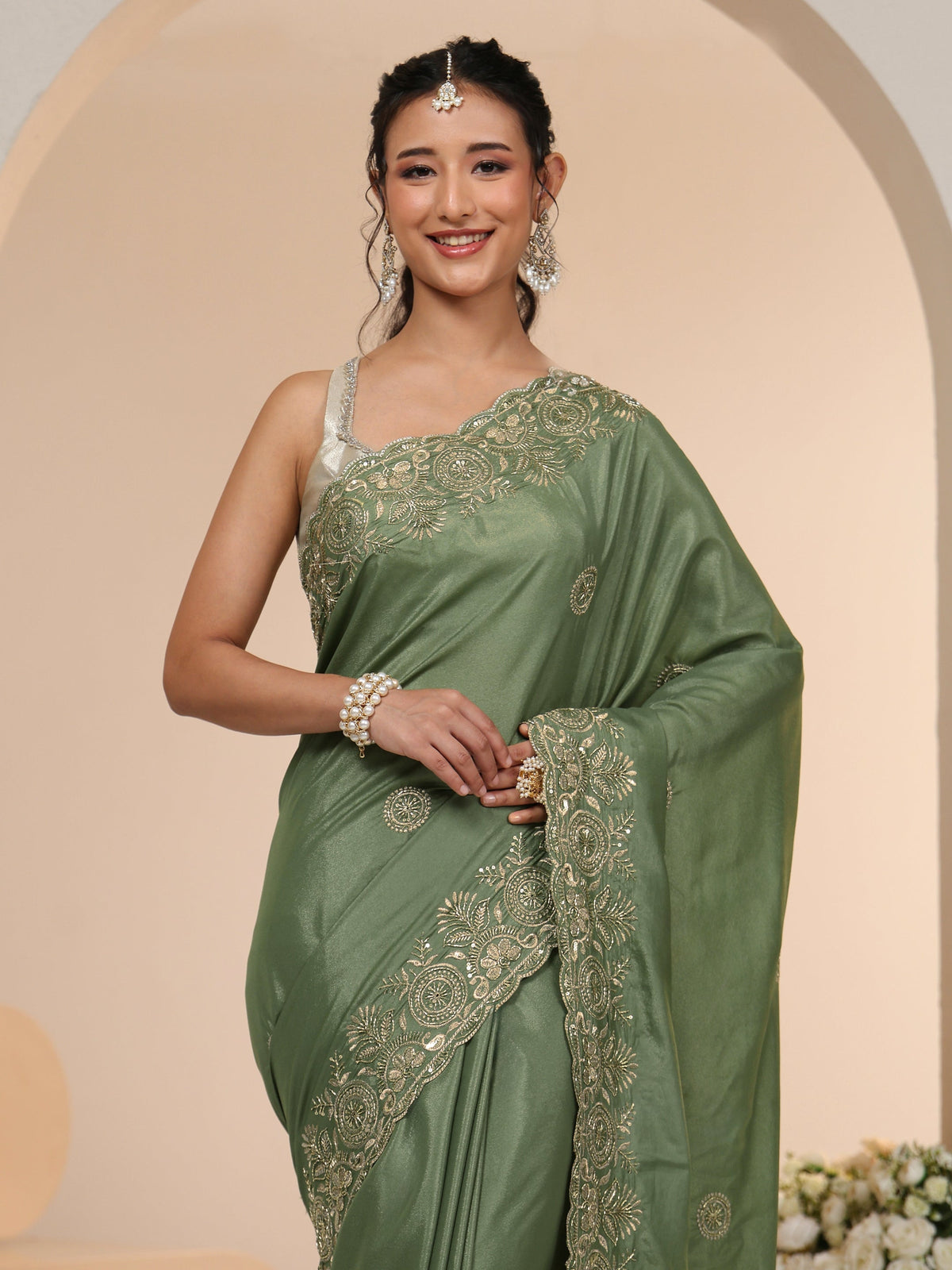 Sage Green Embroidered Silk Blend Saree