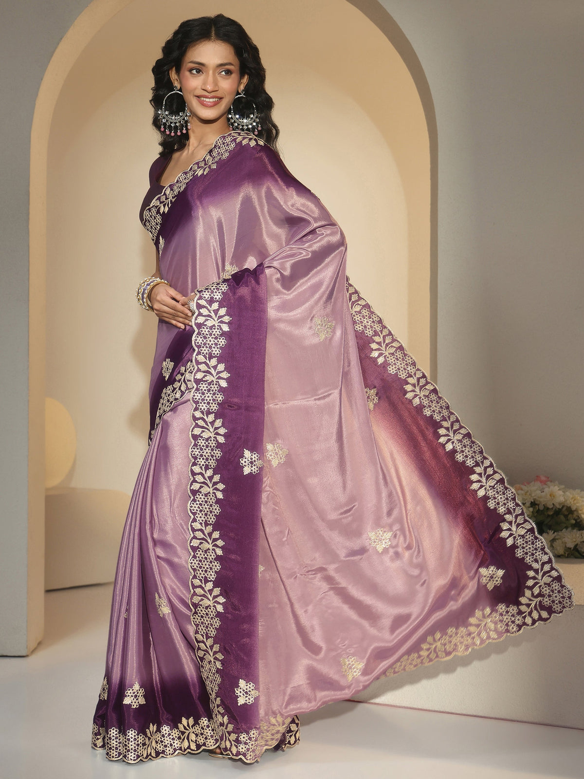 Lavender Floral Embroidered Ombre Silk Blend Saree