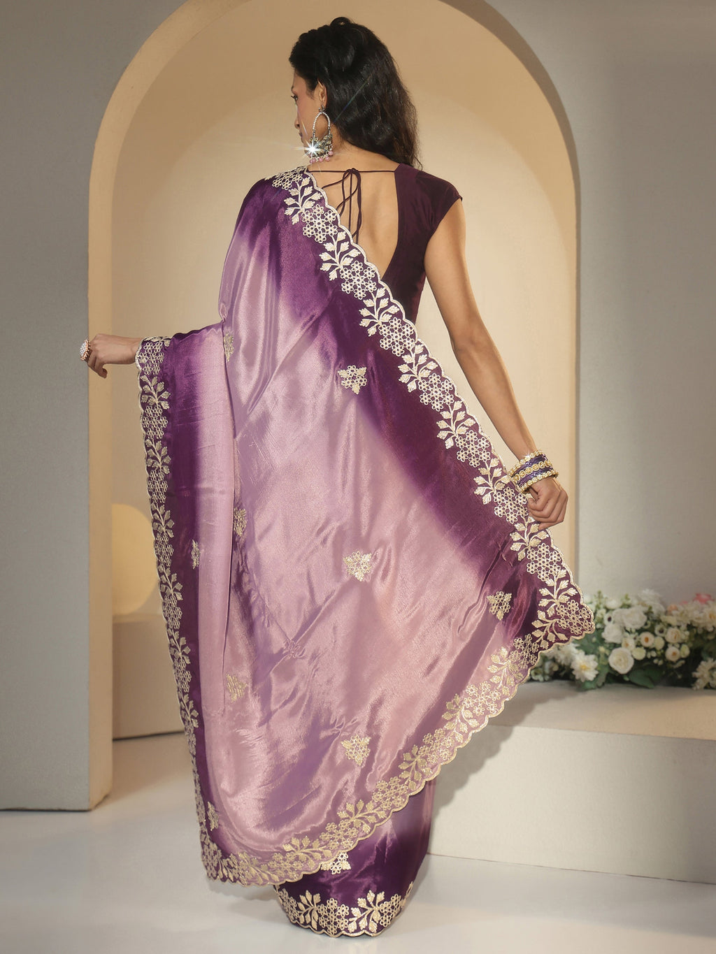 Lavender Floral Embroidered Ombre Silk Blend Saree