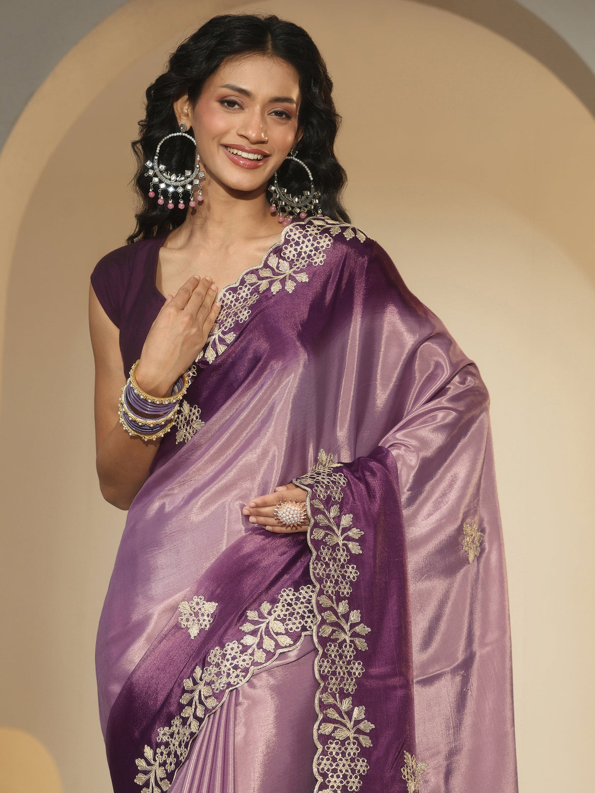 Lavender Floral Embroidered Ombre Silk Blend Saree