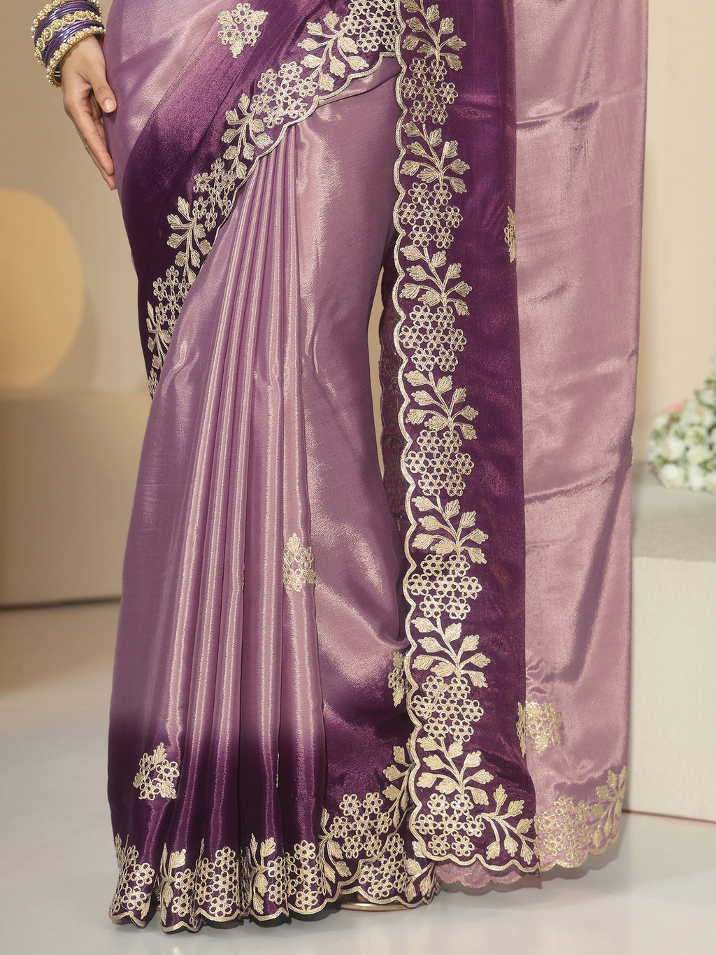 Lavender Floral Embroidered Ombre Silk Blend Saree