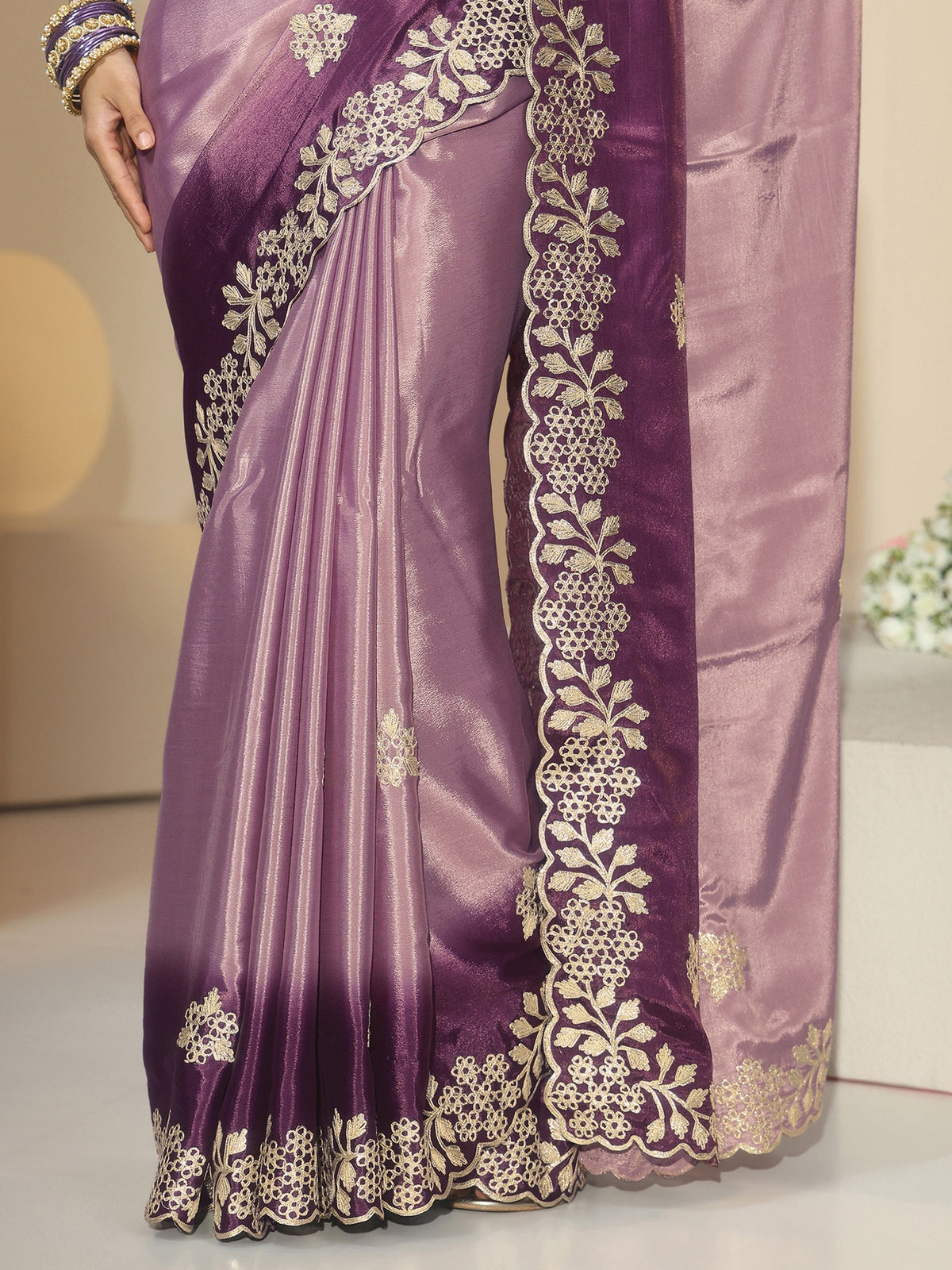Lavender Floral Embroidered Ombre Silk Blend Saree