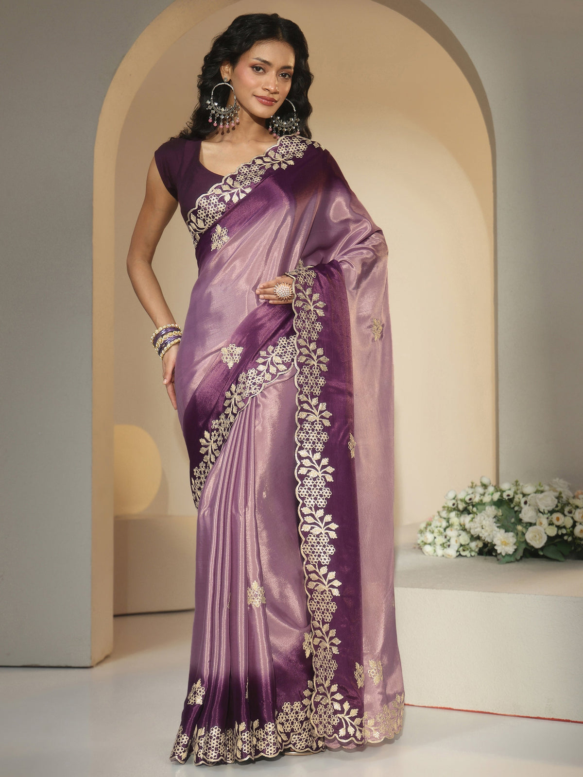 Lavender Floral Embroidered Ombre Silk Blend Saree