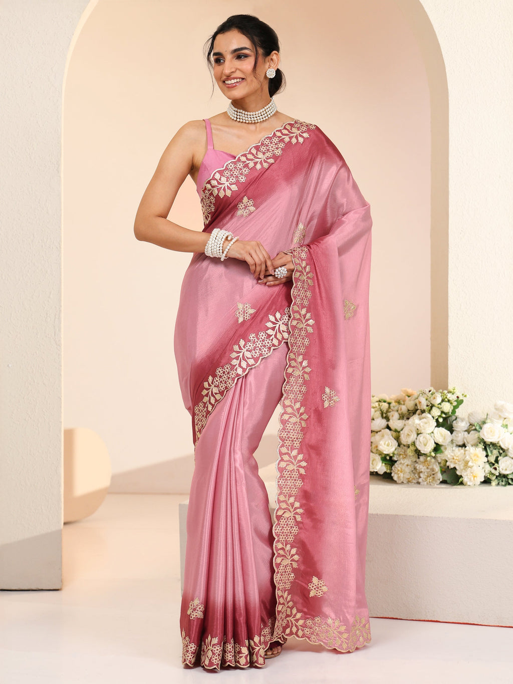 Rose Pink Floral Embroidered Ombre Silk Blend Saree