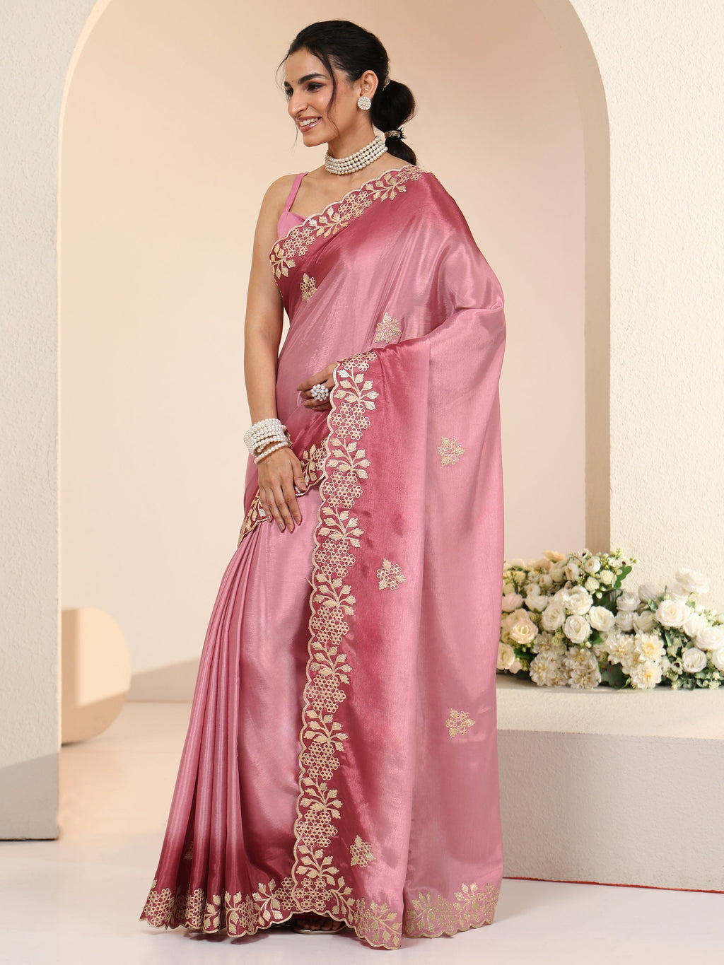 Rose Pink Floral Embroidered Ombre Silk Blend Saree
