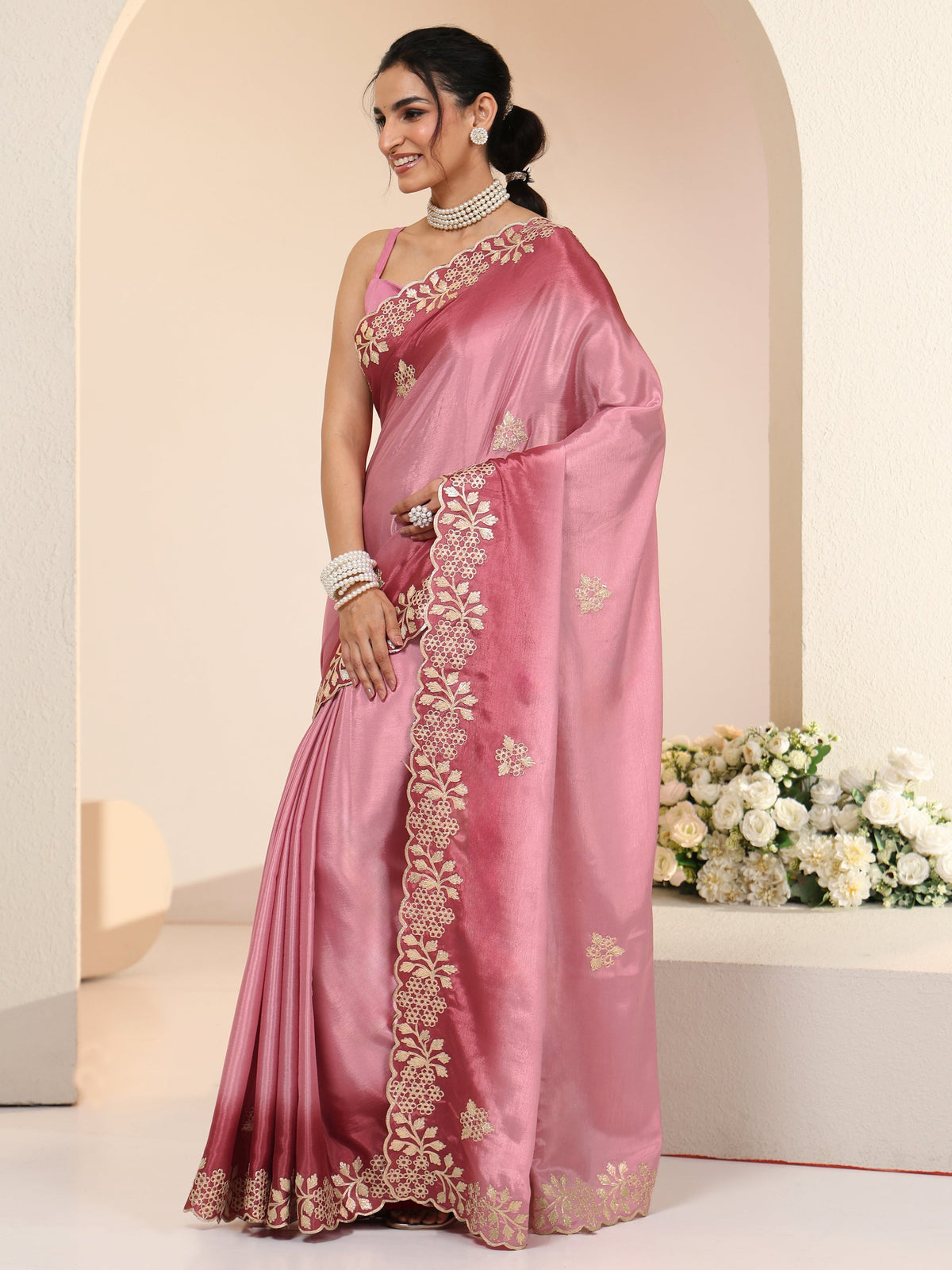 Rose Pink Floral Embroidered Ombre Silk Blend Saree