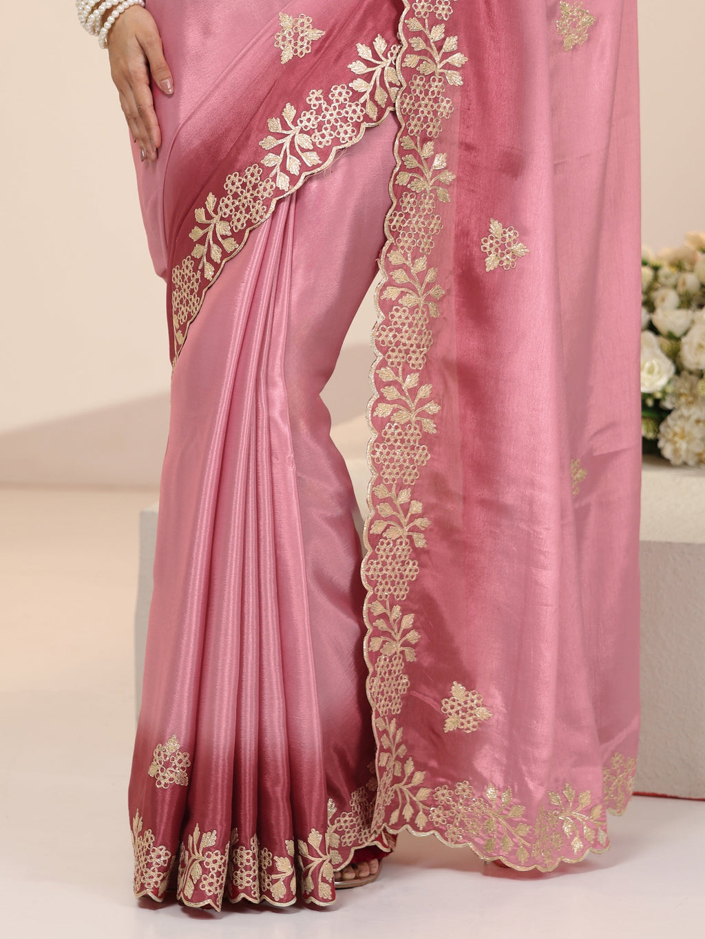 Rose Pink Floral Embroidered Ombre Silk Blend Saree