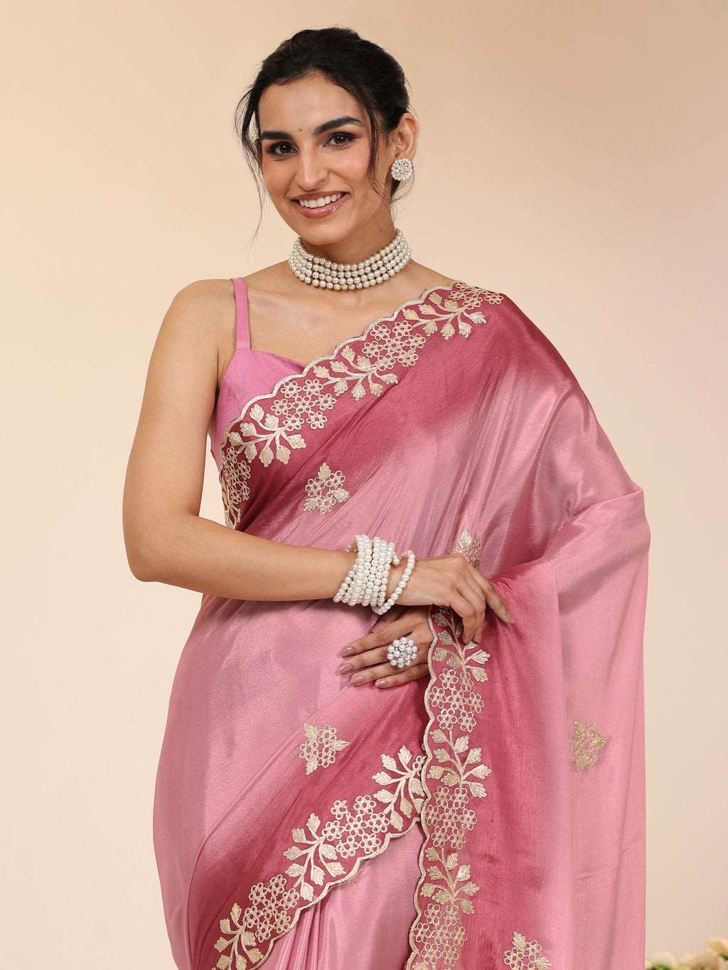 Rose Pink Floral Embroidered Ombre Silk Blend Saree