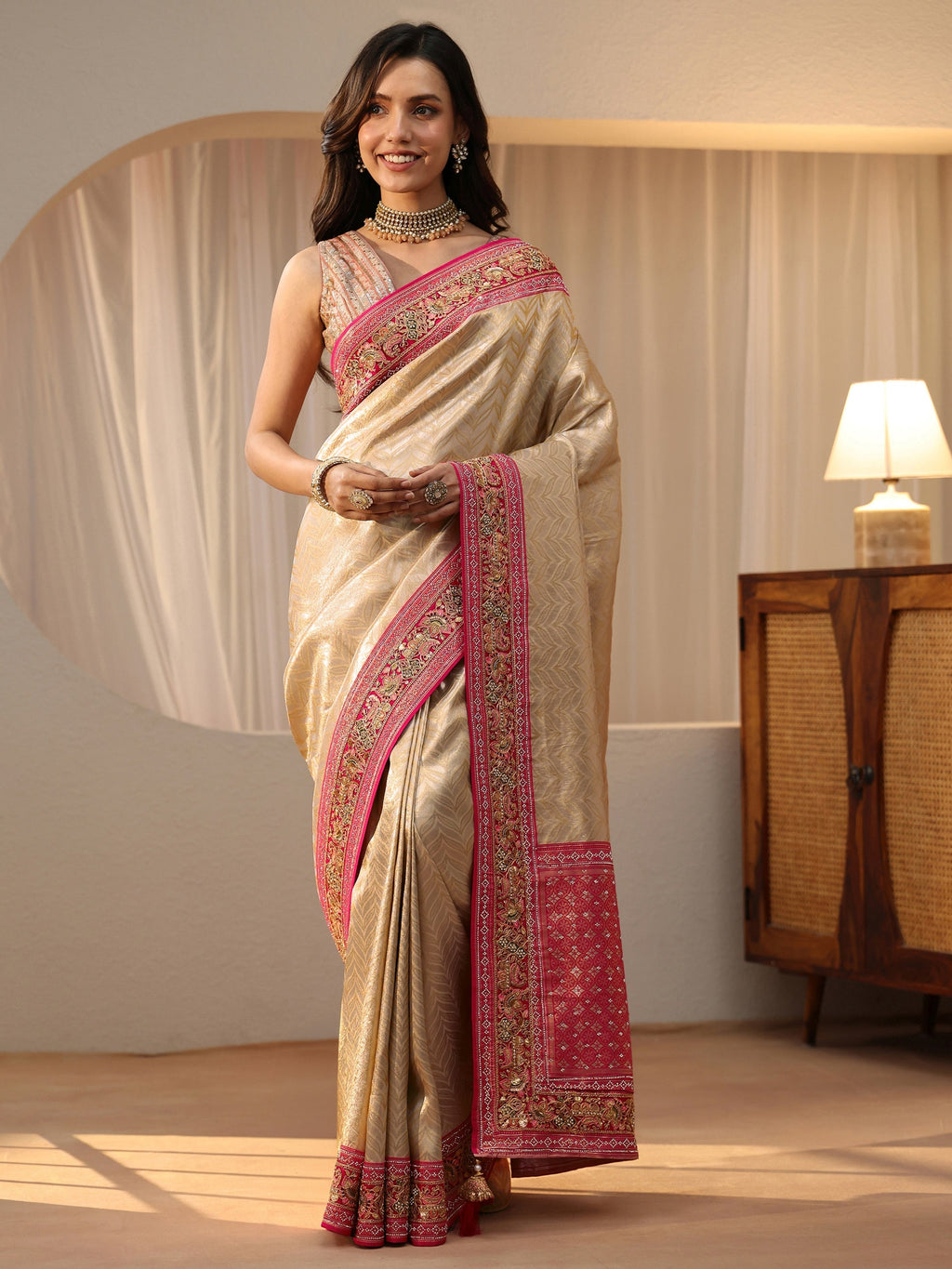 Art Gold Silk Blend Saree with Embroidered Border