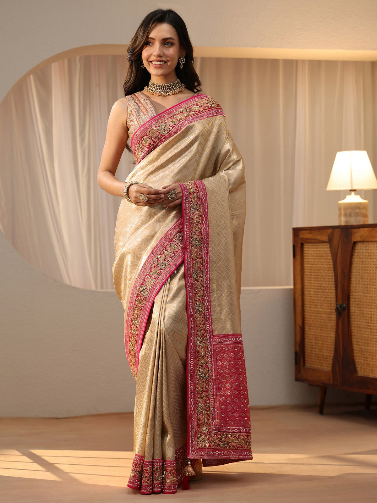 Art Gold Silk Blend Saree with Embroidered Border