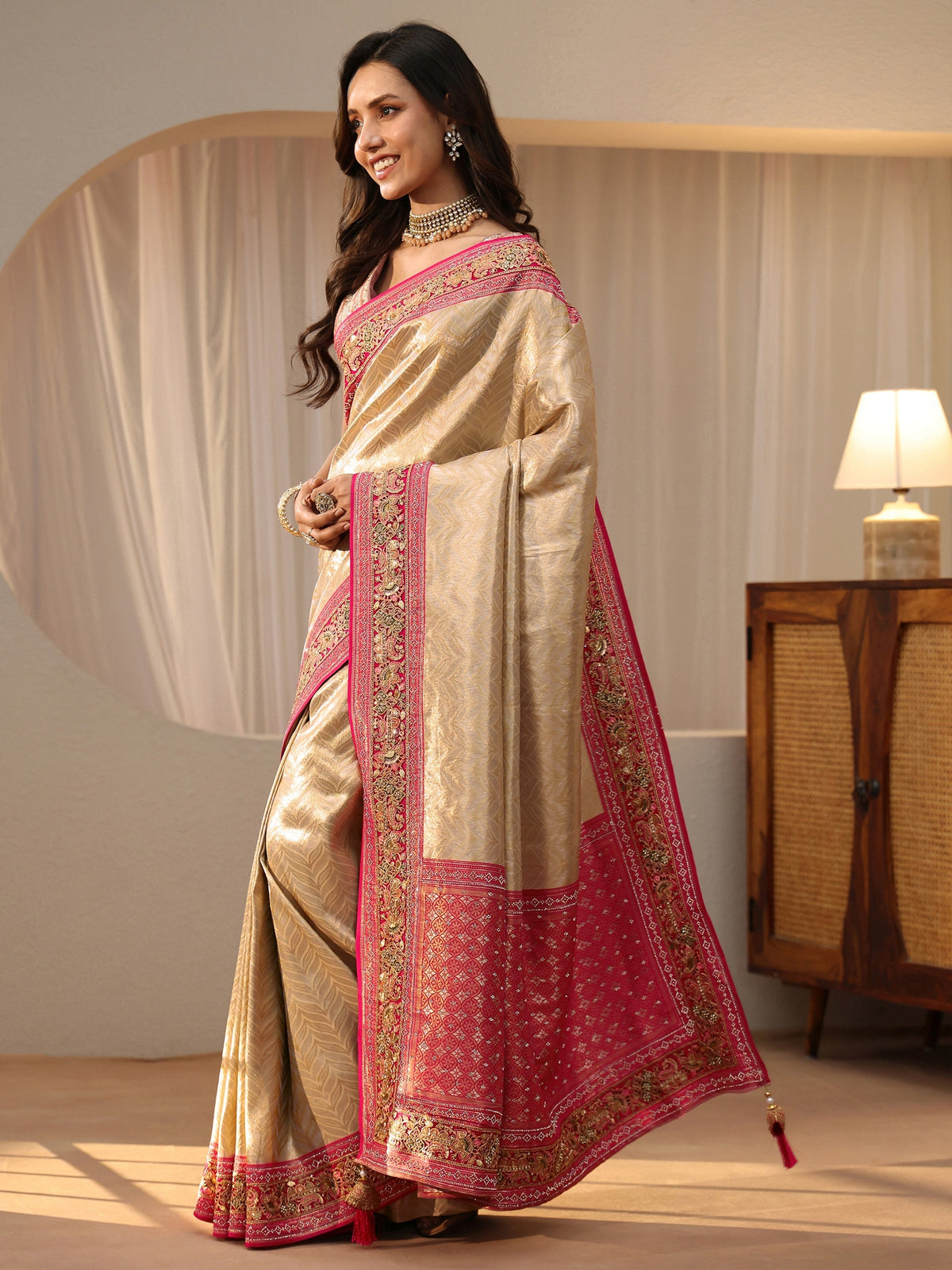 Art Gold Silk Blend Saree with Embroidered Border