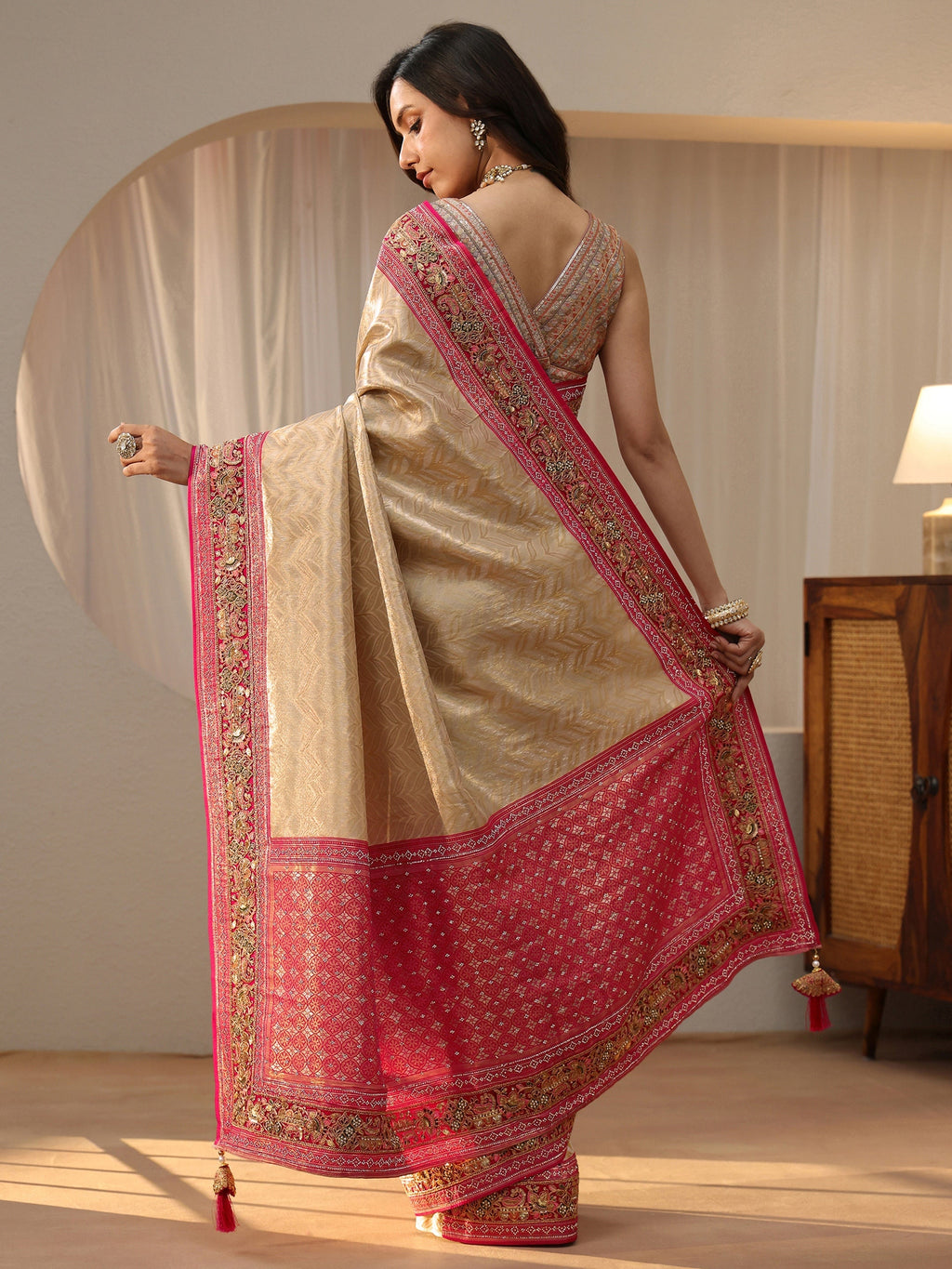 Art Gold Silk Blend Saree with Embroidered Border