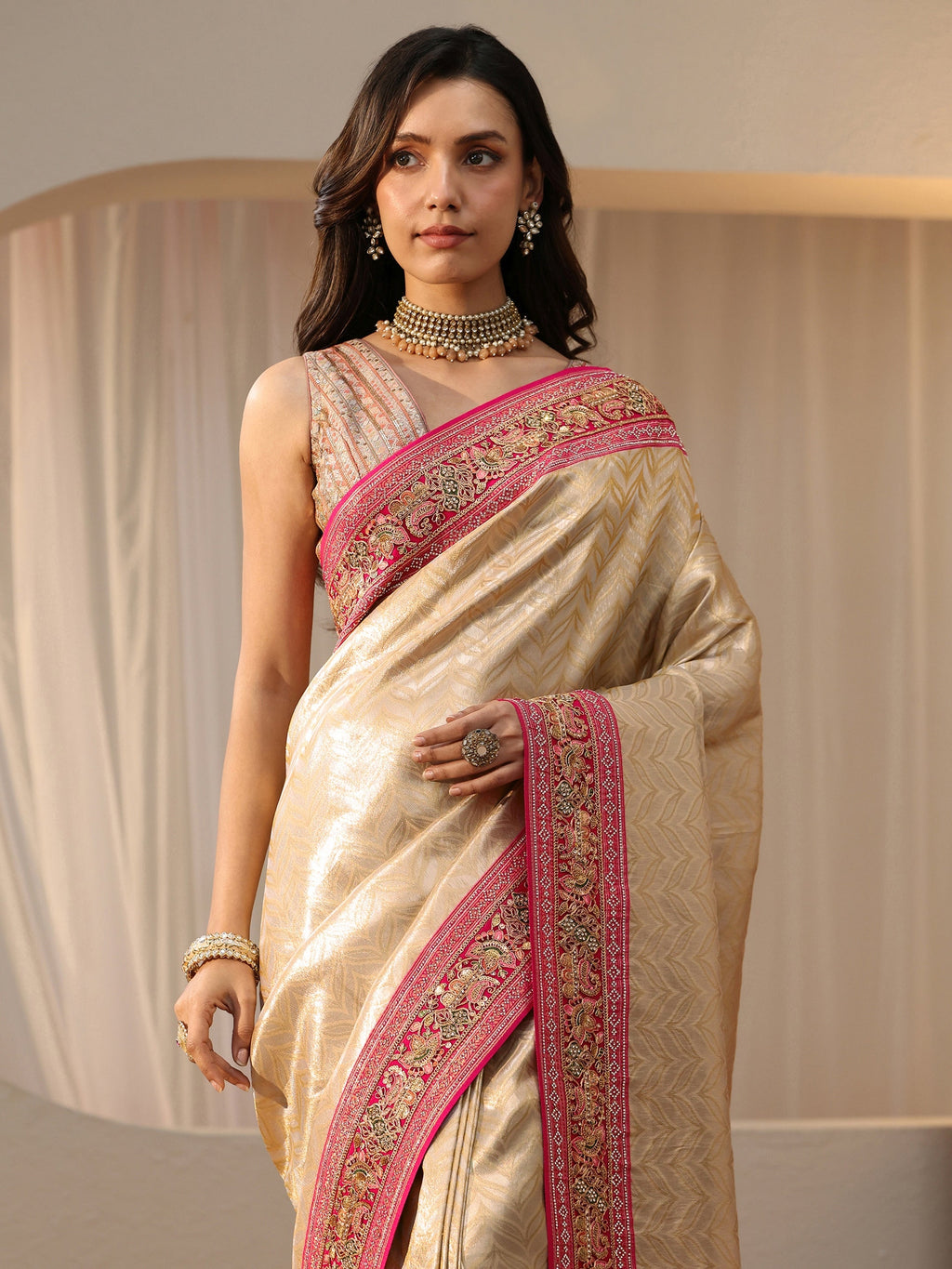 Art Gold Silk Blend Saree with Embroidered Border