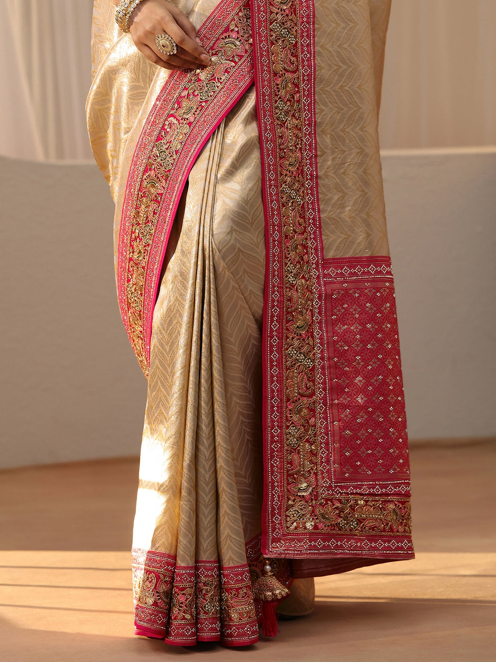 Art Gold Silk Blend Saree with Embroidered Border