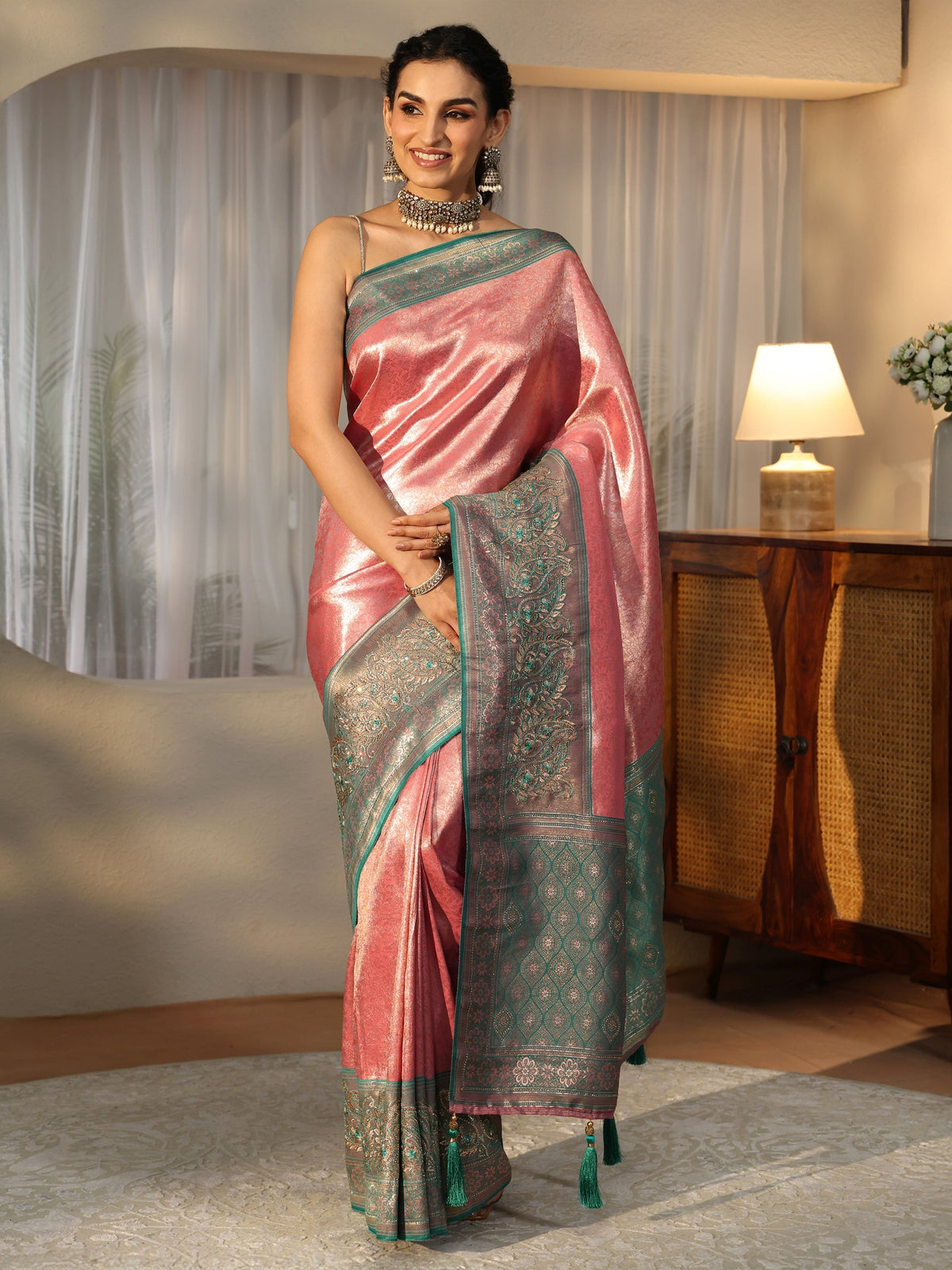 Peach Silk Blend Saree with Woven Border