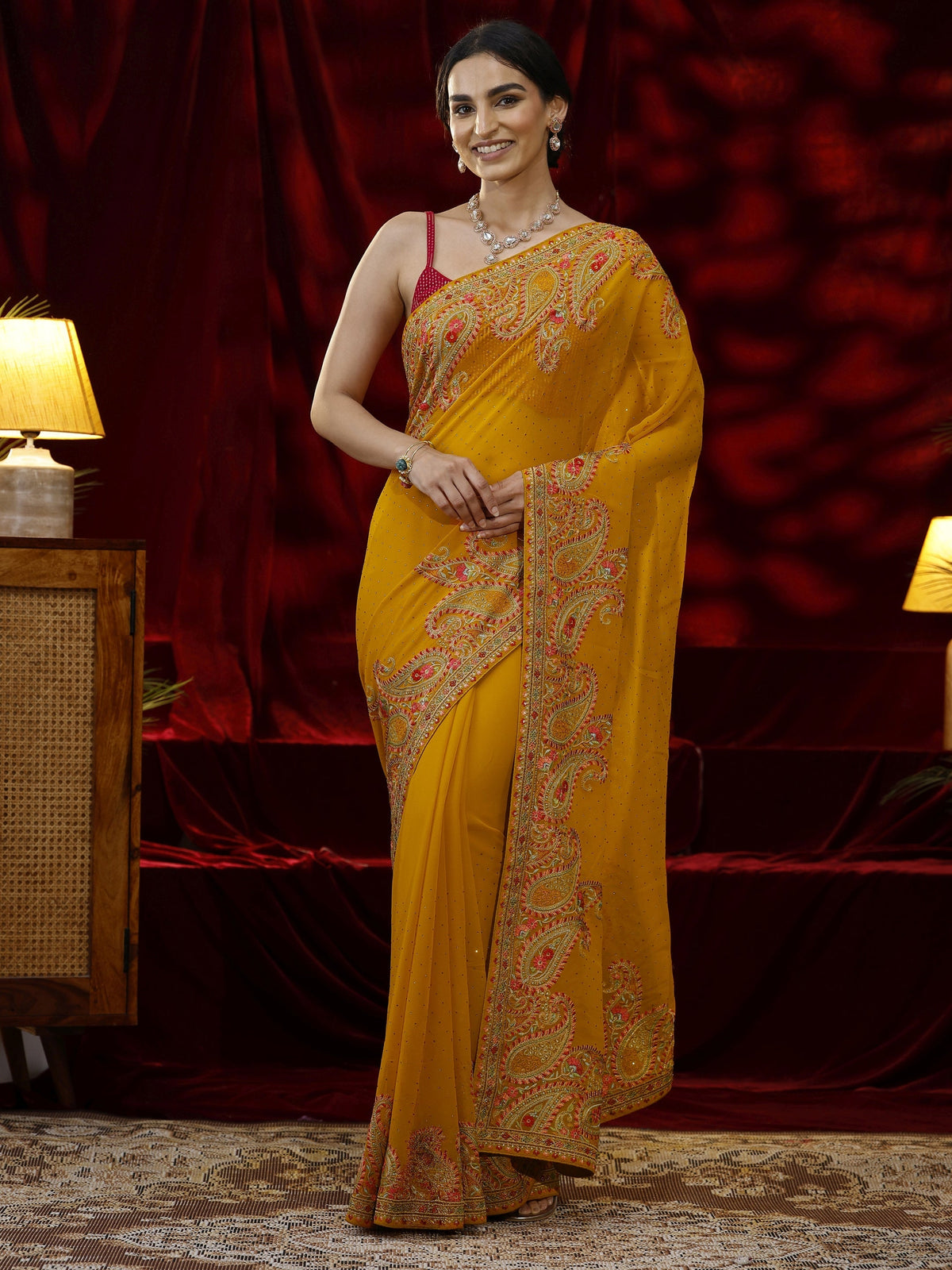 Mustard Embellished Georgette Saree