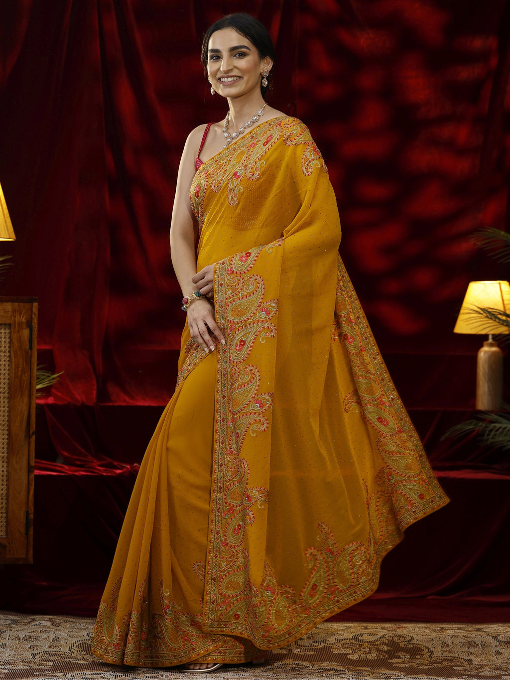 Mustard Embellished Georgette Saree