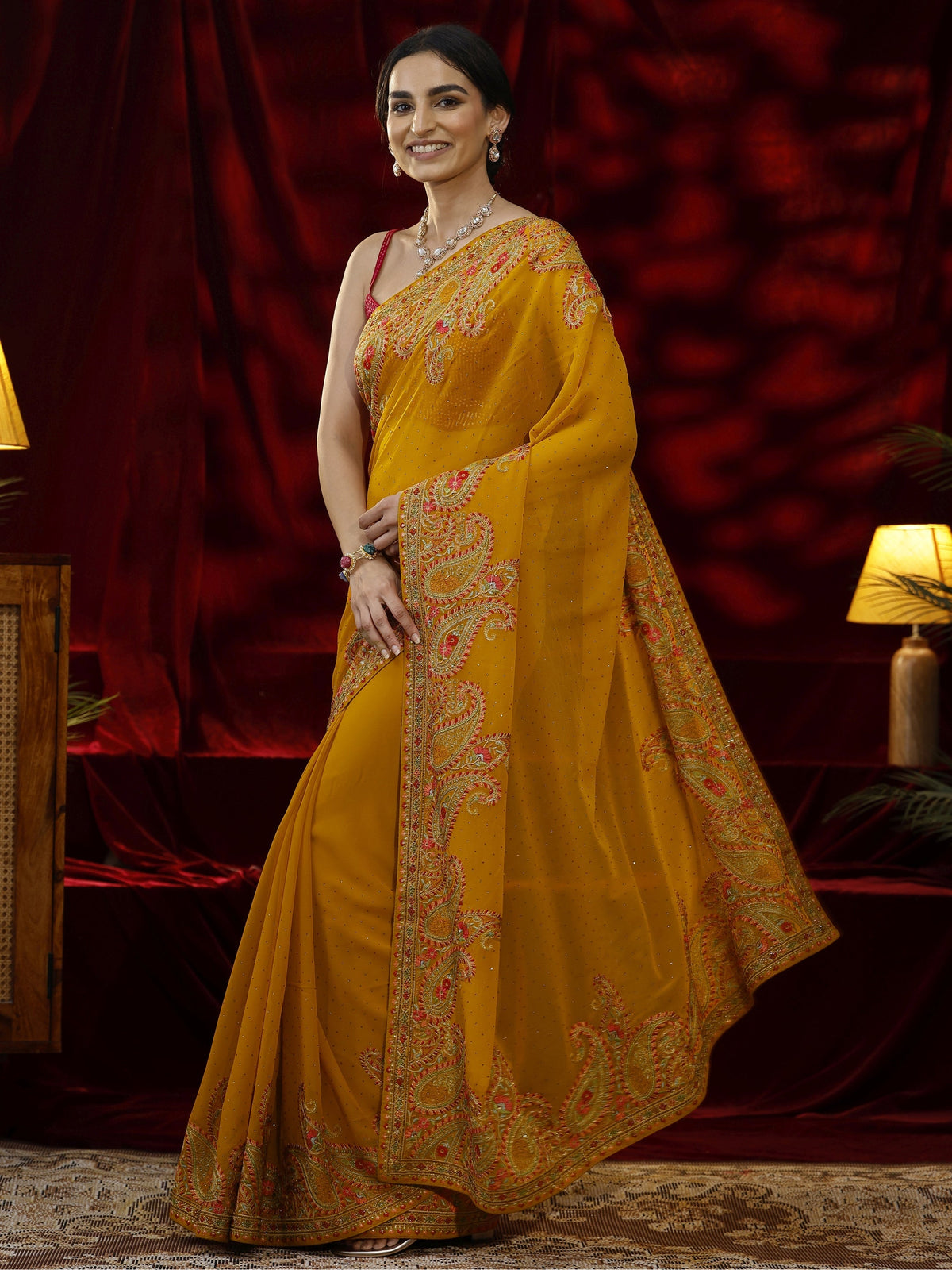Mustard Embellished Georgette Saree