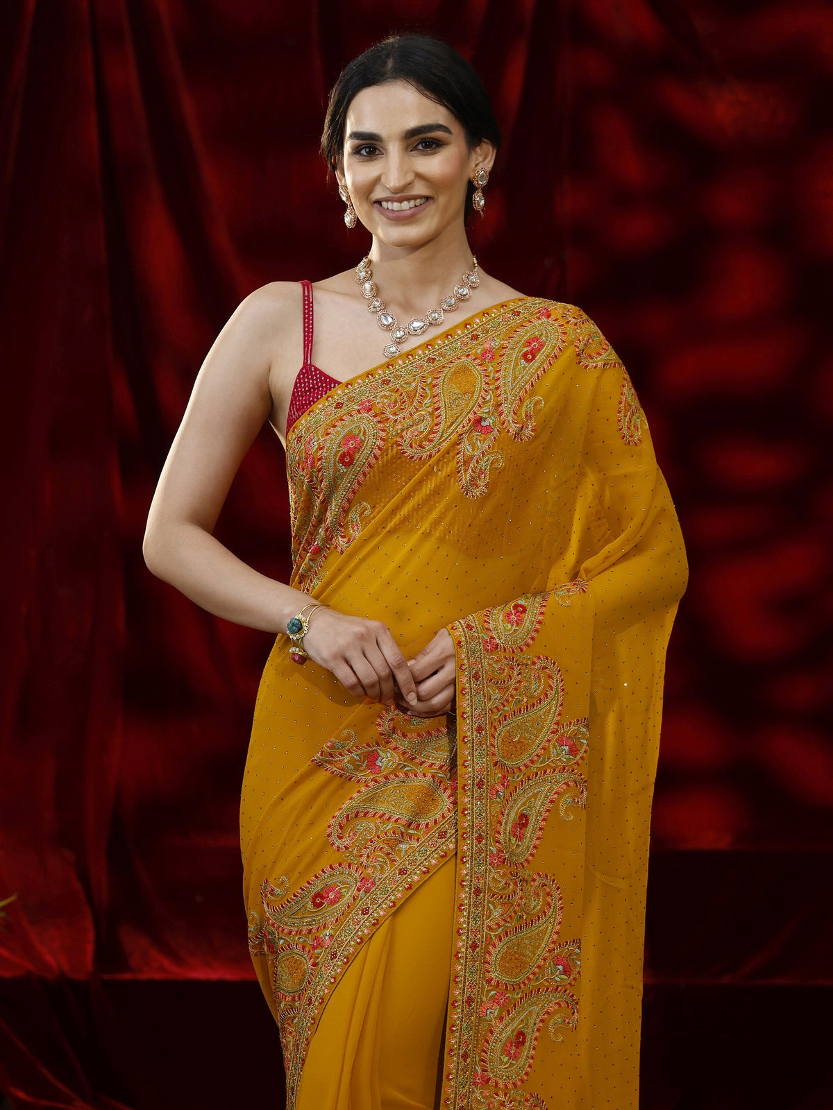 Mustard Embellished Georgette Saree