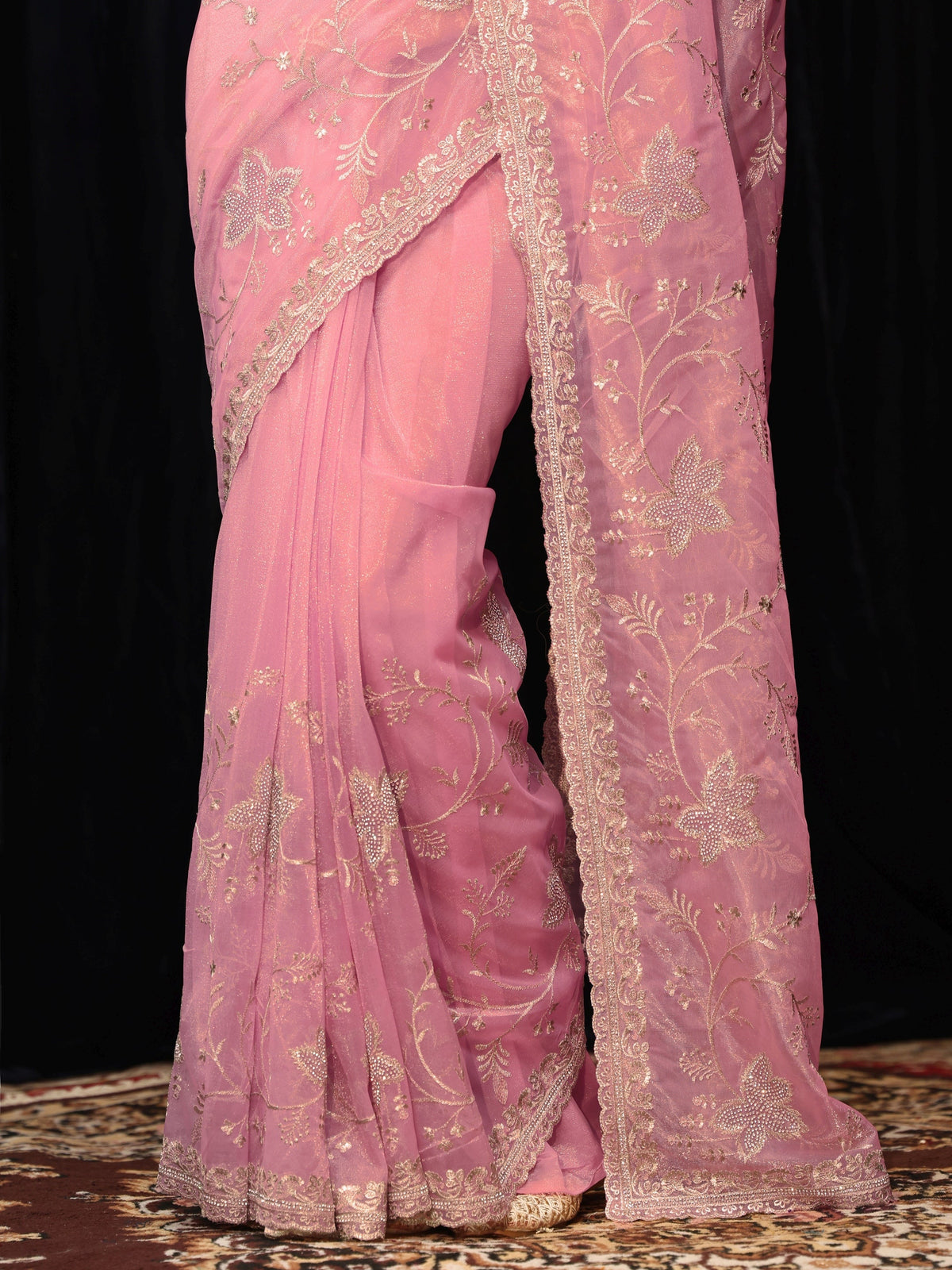Rose Pink Floral Embellished Net Saree