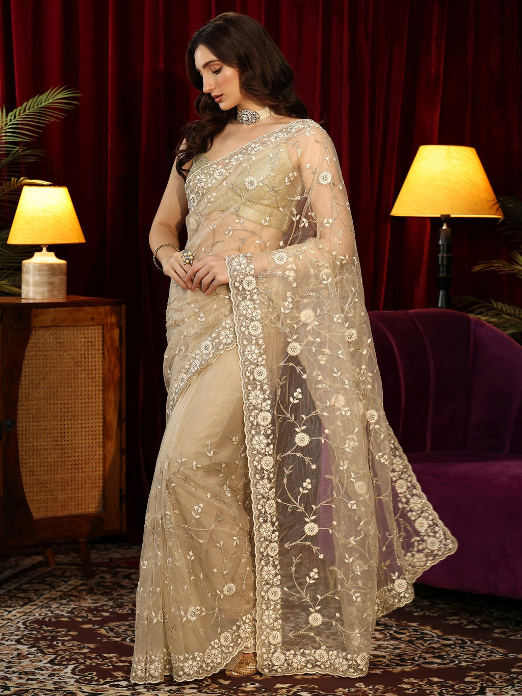 Beige Floral Embroidered Net Saree