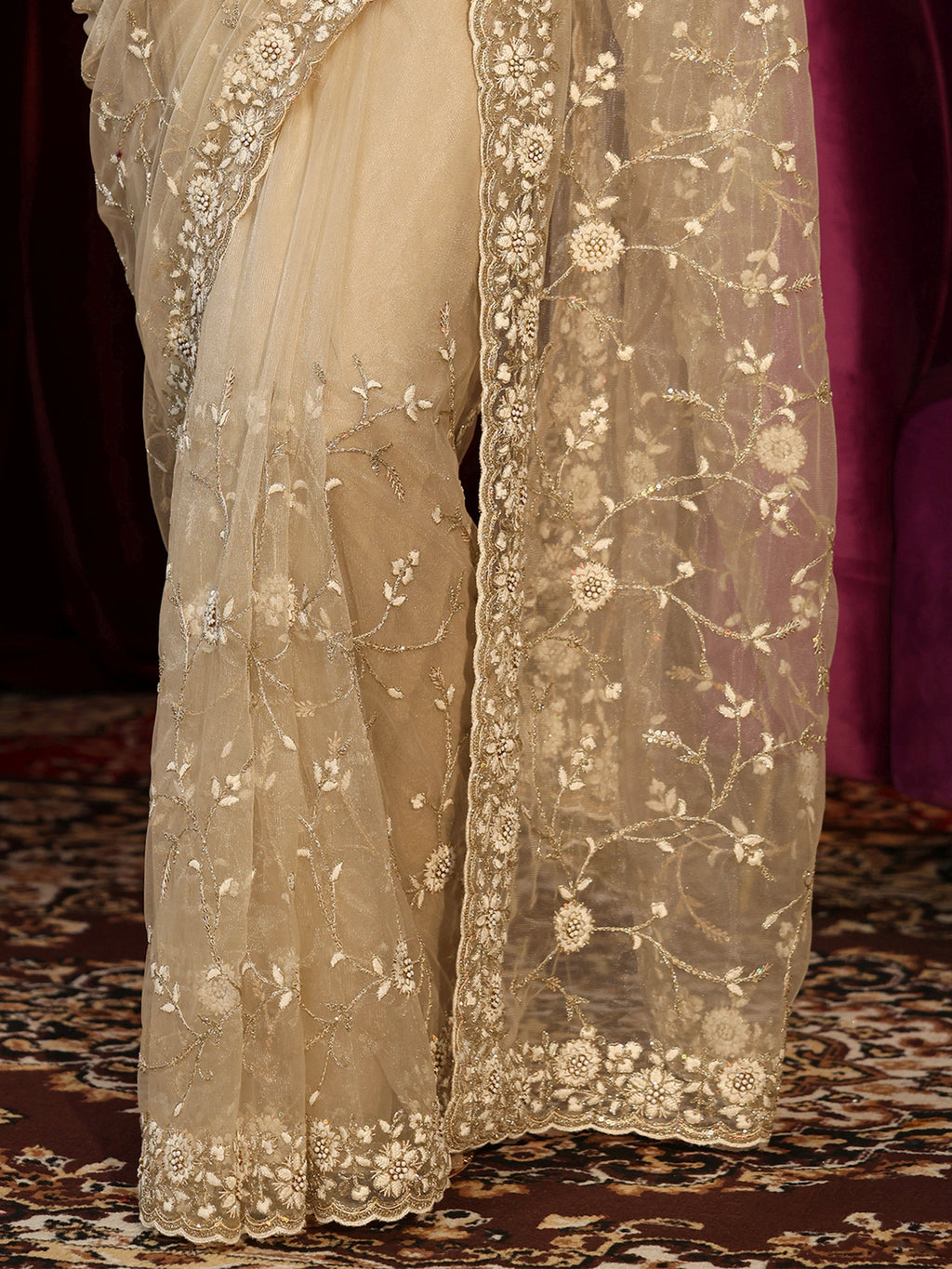 Beige Floral Embroidered Net Saree