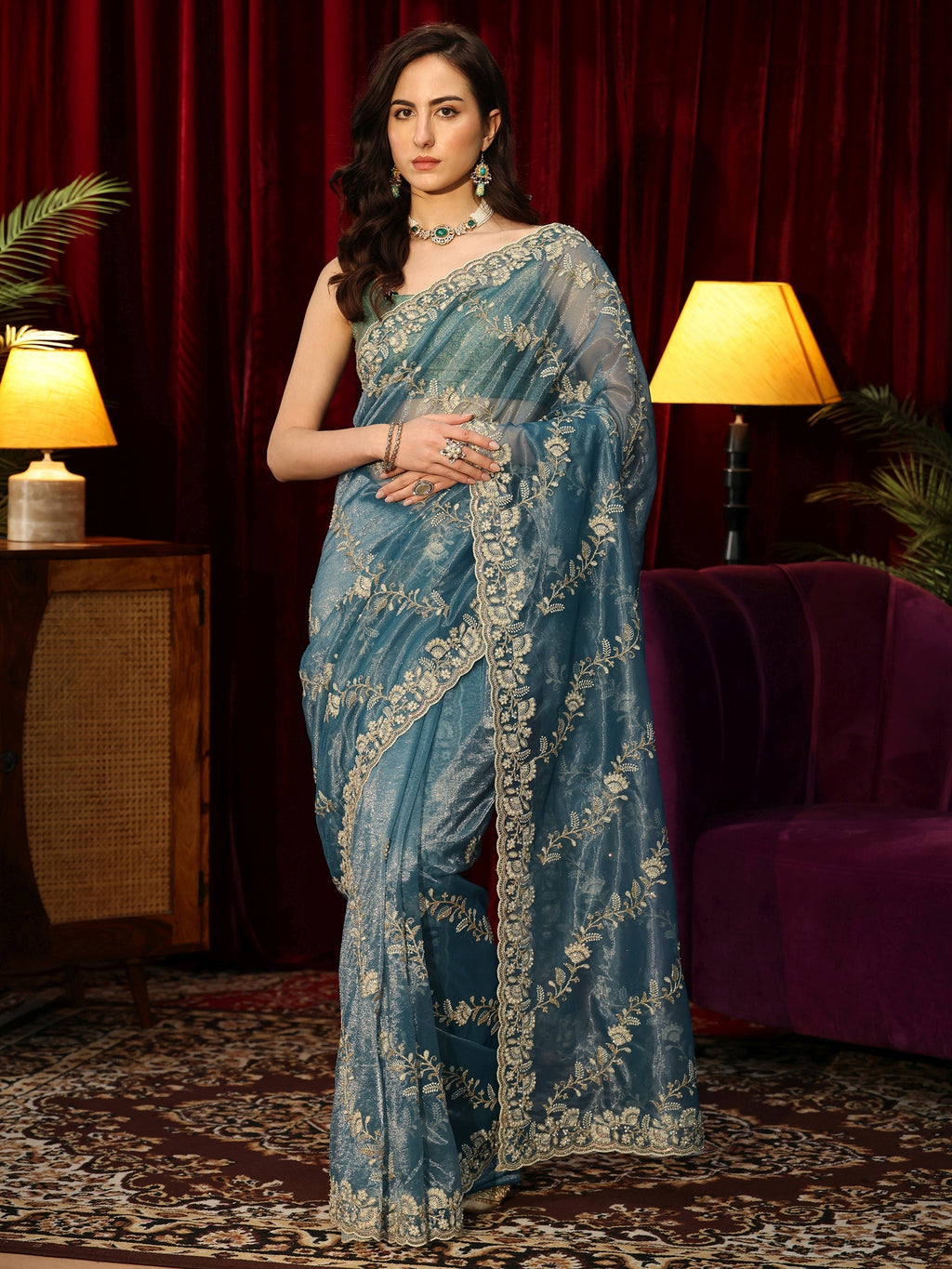 Dusty Blue Floral Embroidered Net Saree