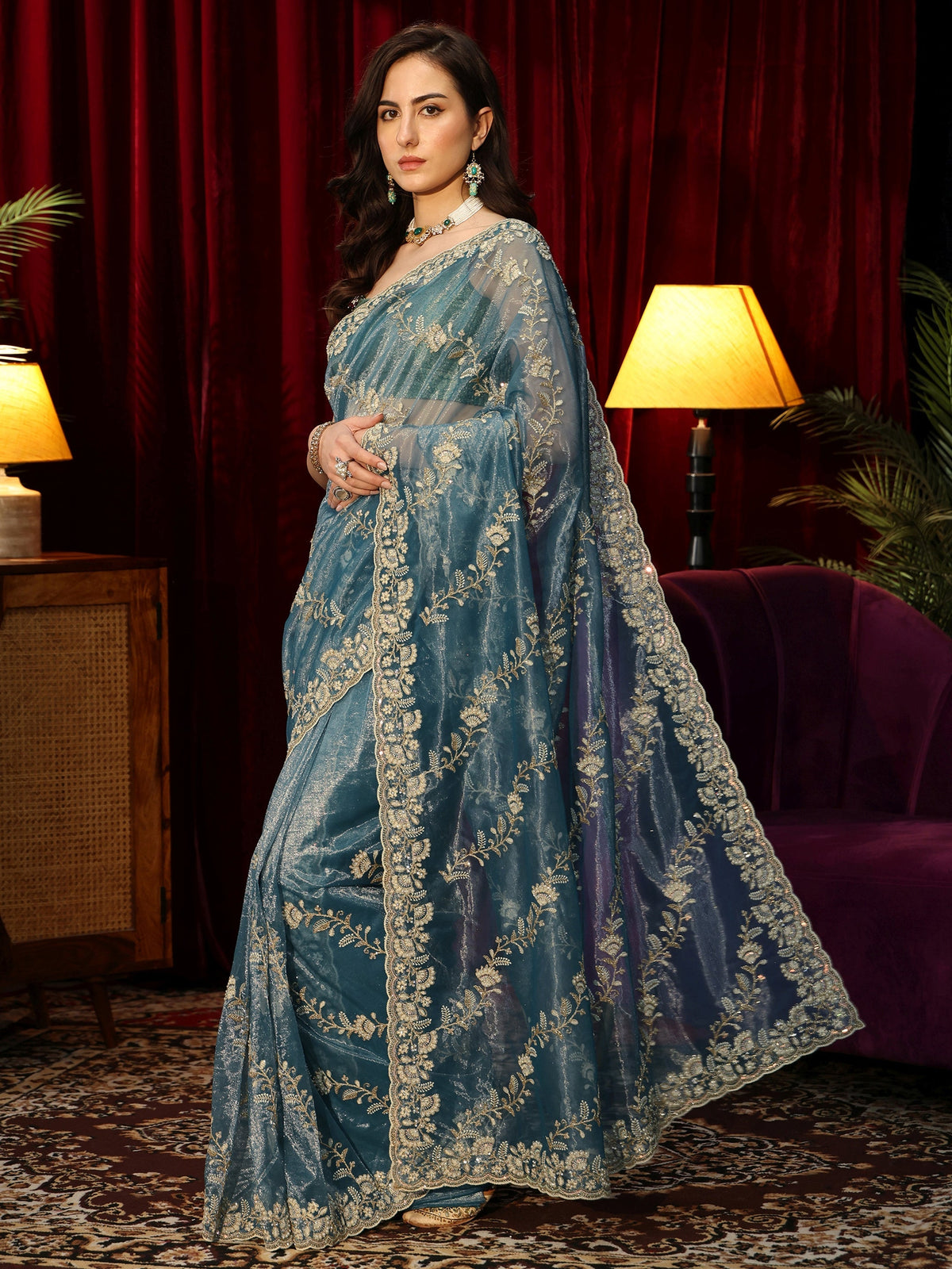 Dusty Blue Floral Embroidered Net Saree