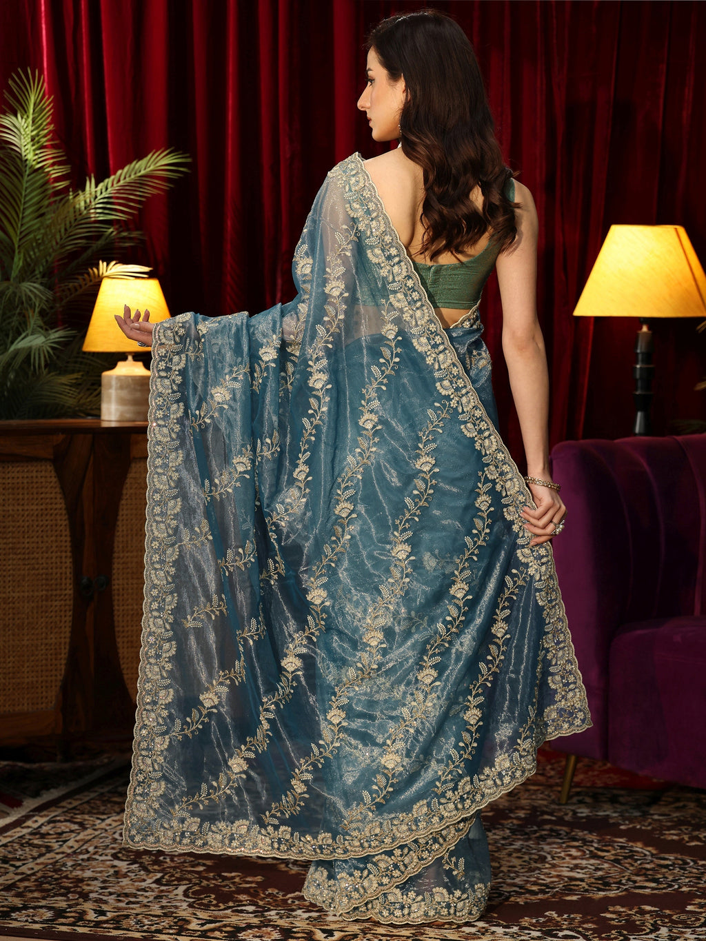 Dusty Blue Floral Embroidered Net Saree