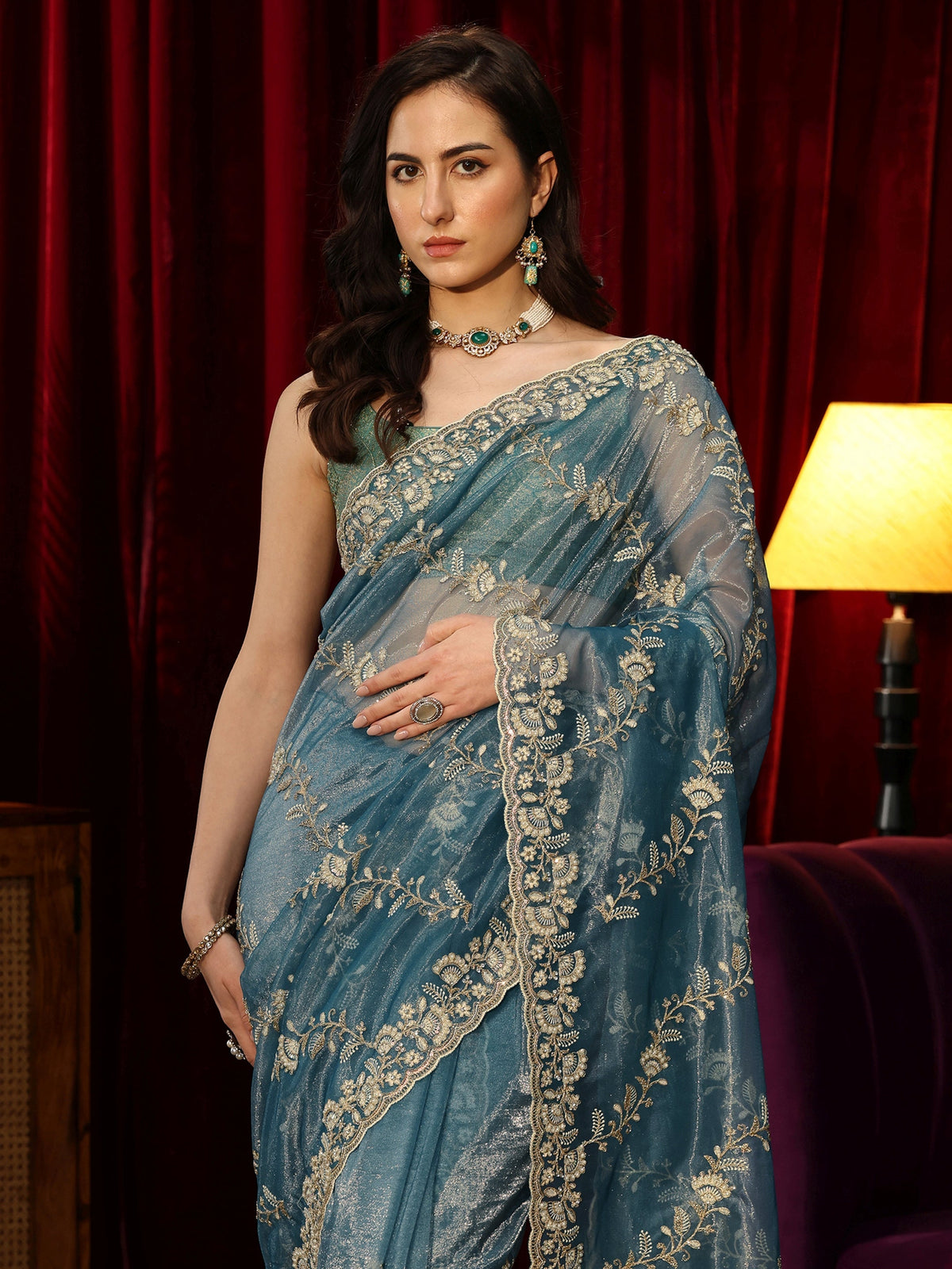 Dusty Blue Floral Embroidered Net Saree