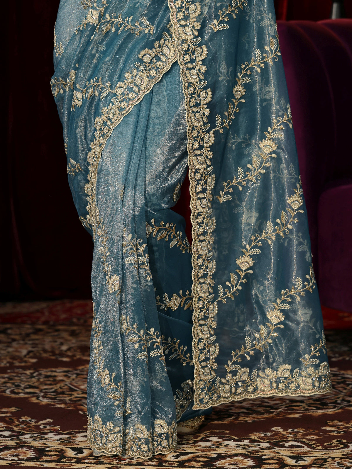 Dusty Blue Floral Embroidered Net Saree