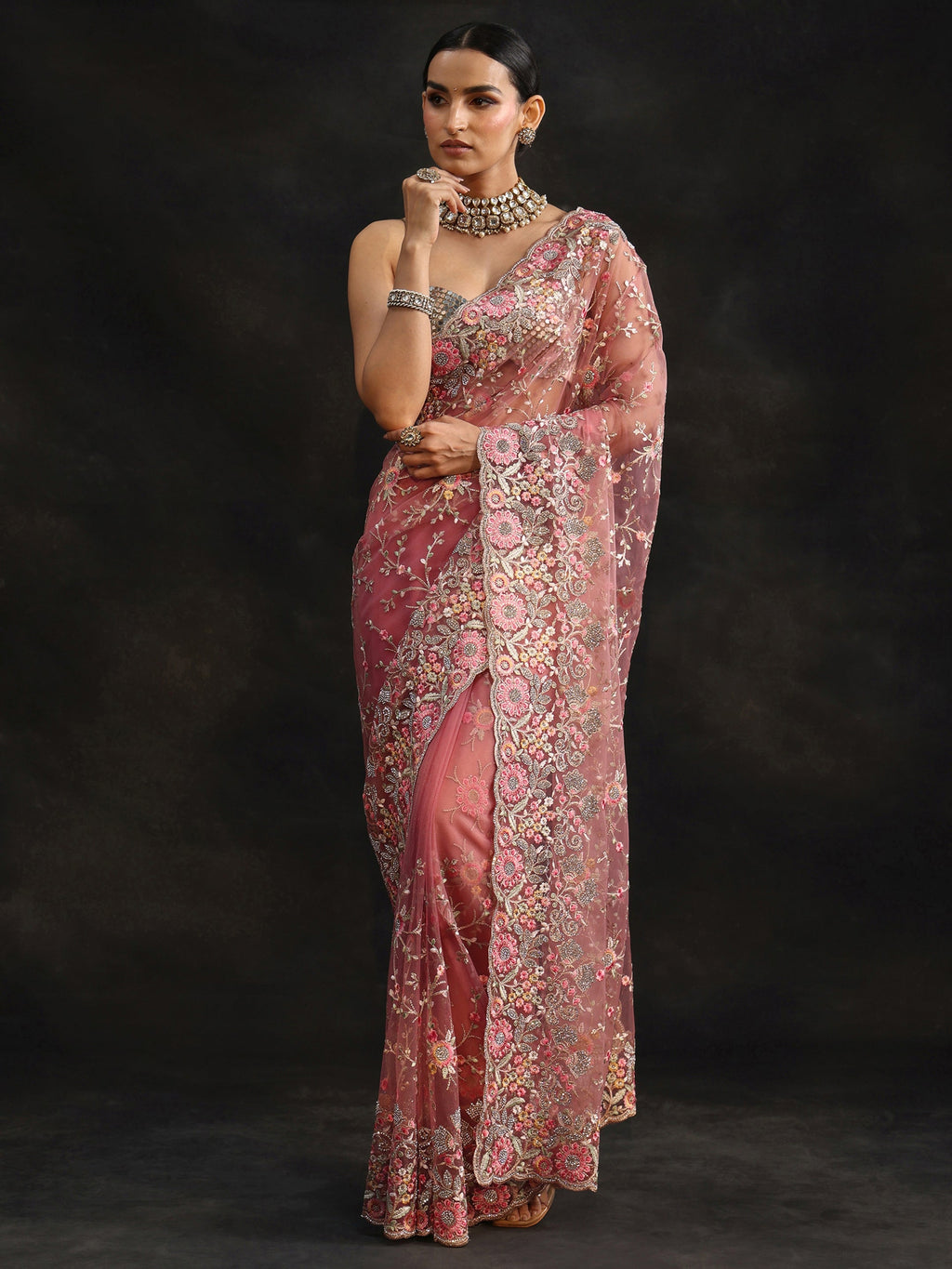 Art Peach Pink Floral Embellished Net Saree