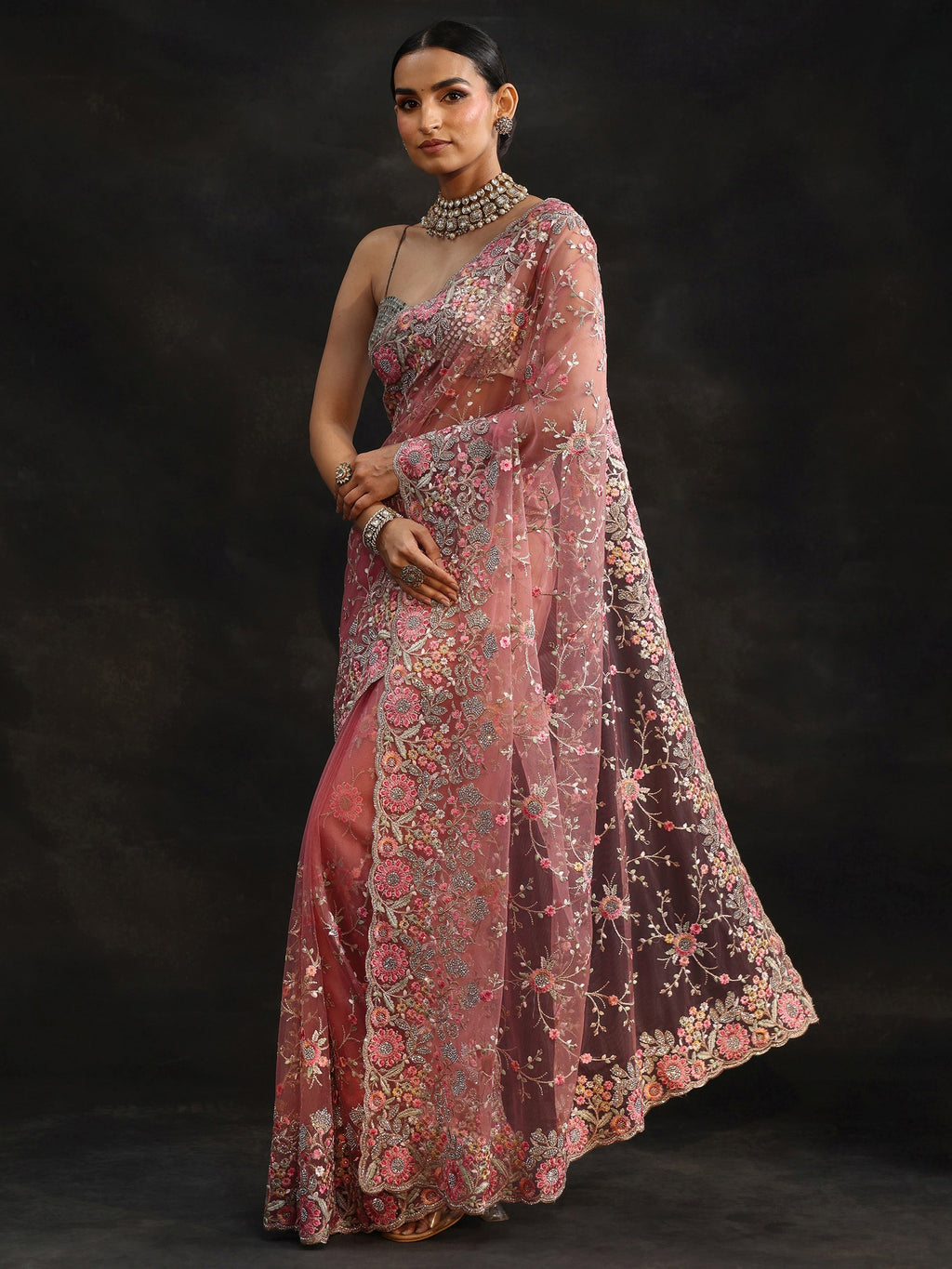 Art Peach Pink Floral Embellished Net Saree