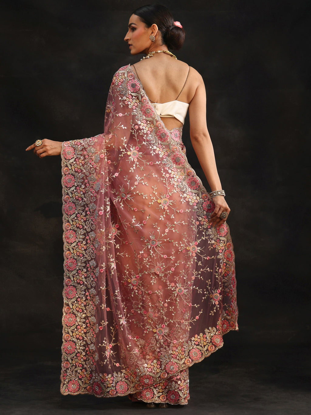 Art Peach Pink Floral Embellished Net Saree