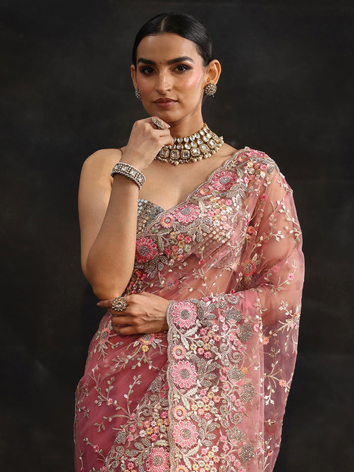 Art Peach Pink Floral Embellished Net Saree