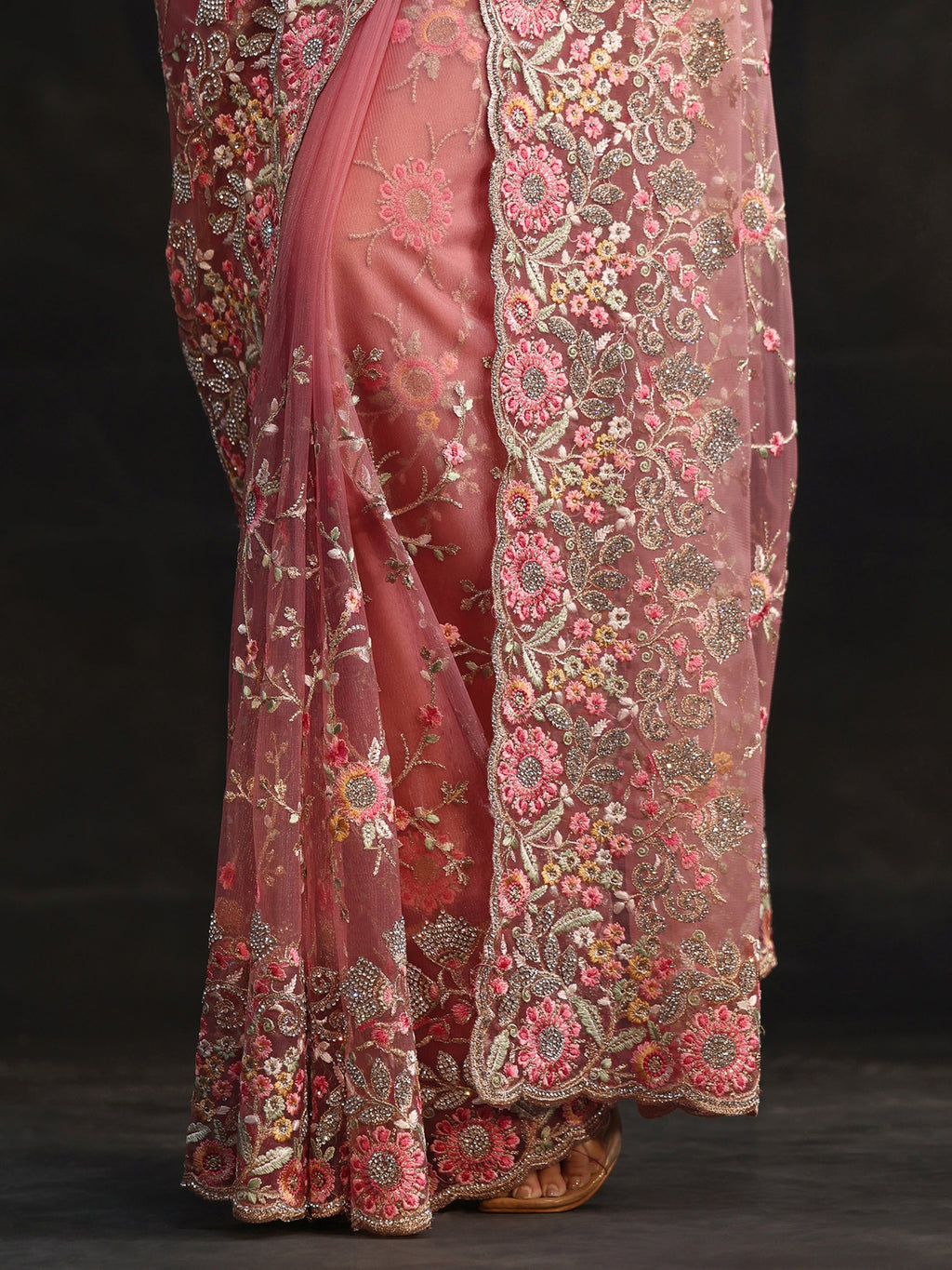 Art Peach Pink Floral Embellished Net Saree