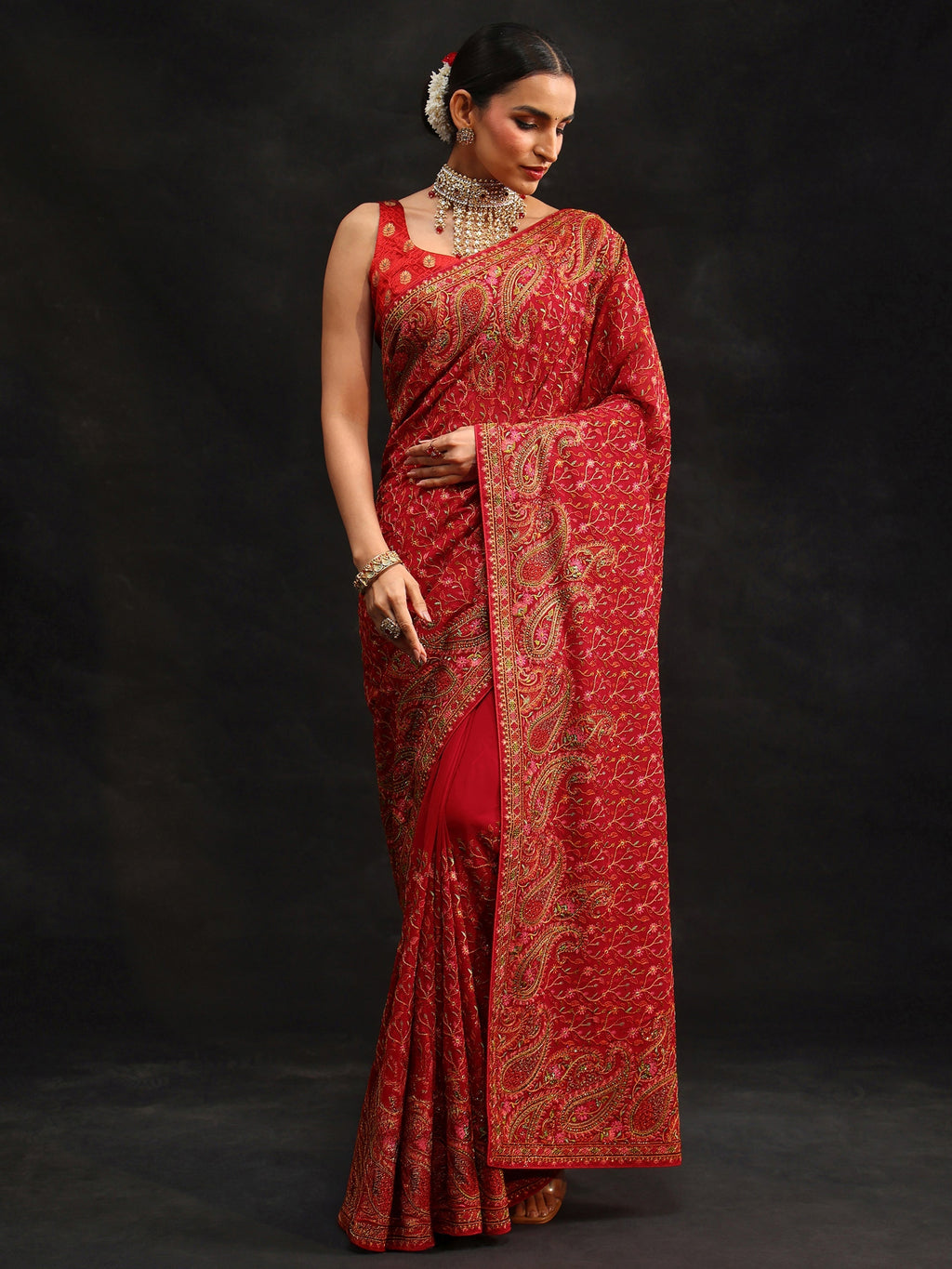 Art Crimson Red Paisley Embroidered Georgette Saree