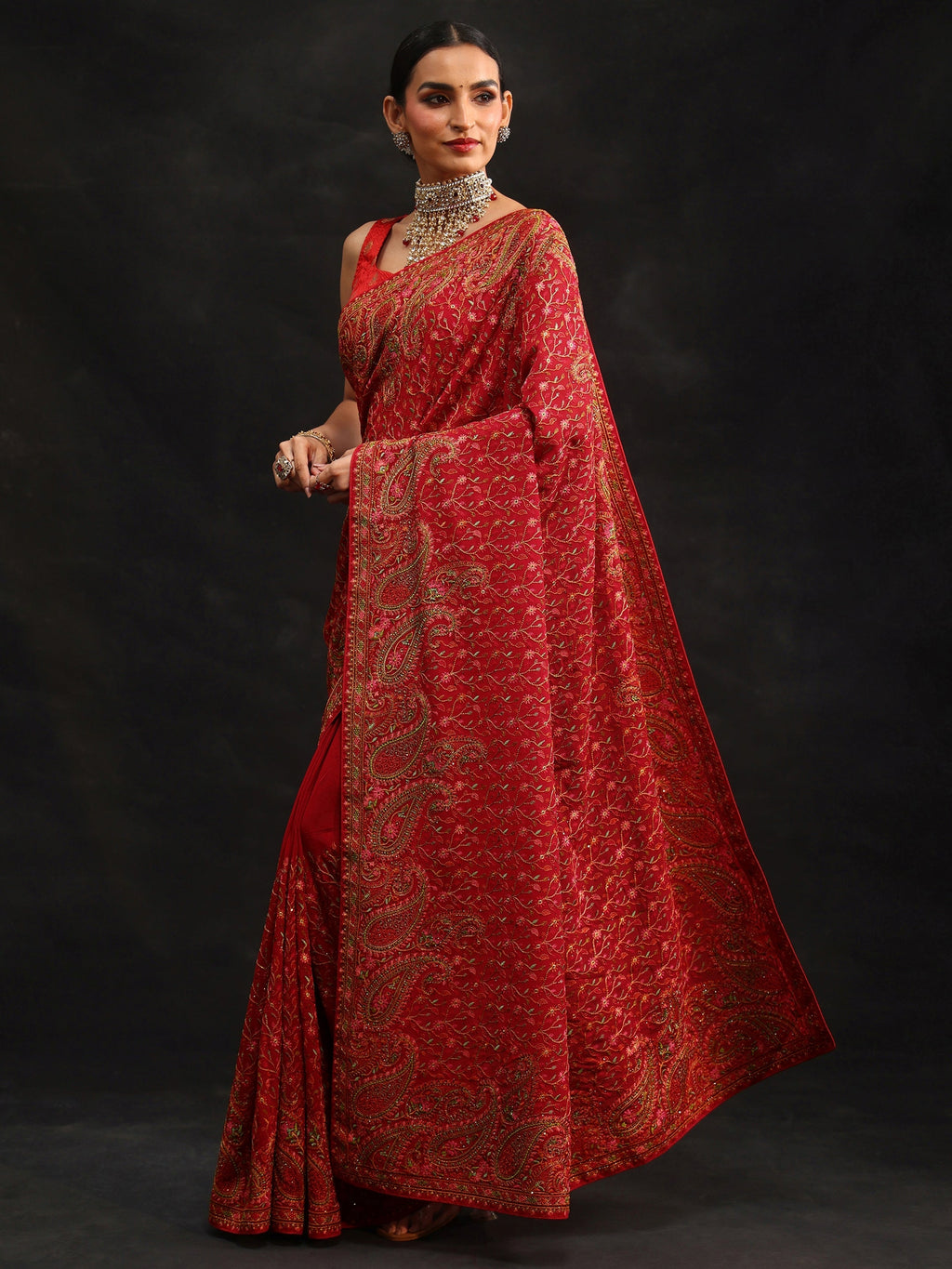 Art Crimson Red Paisley Embroidered Georgette Saree