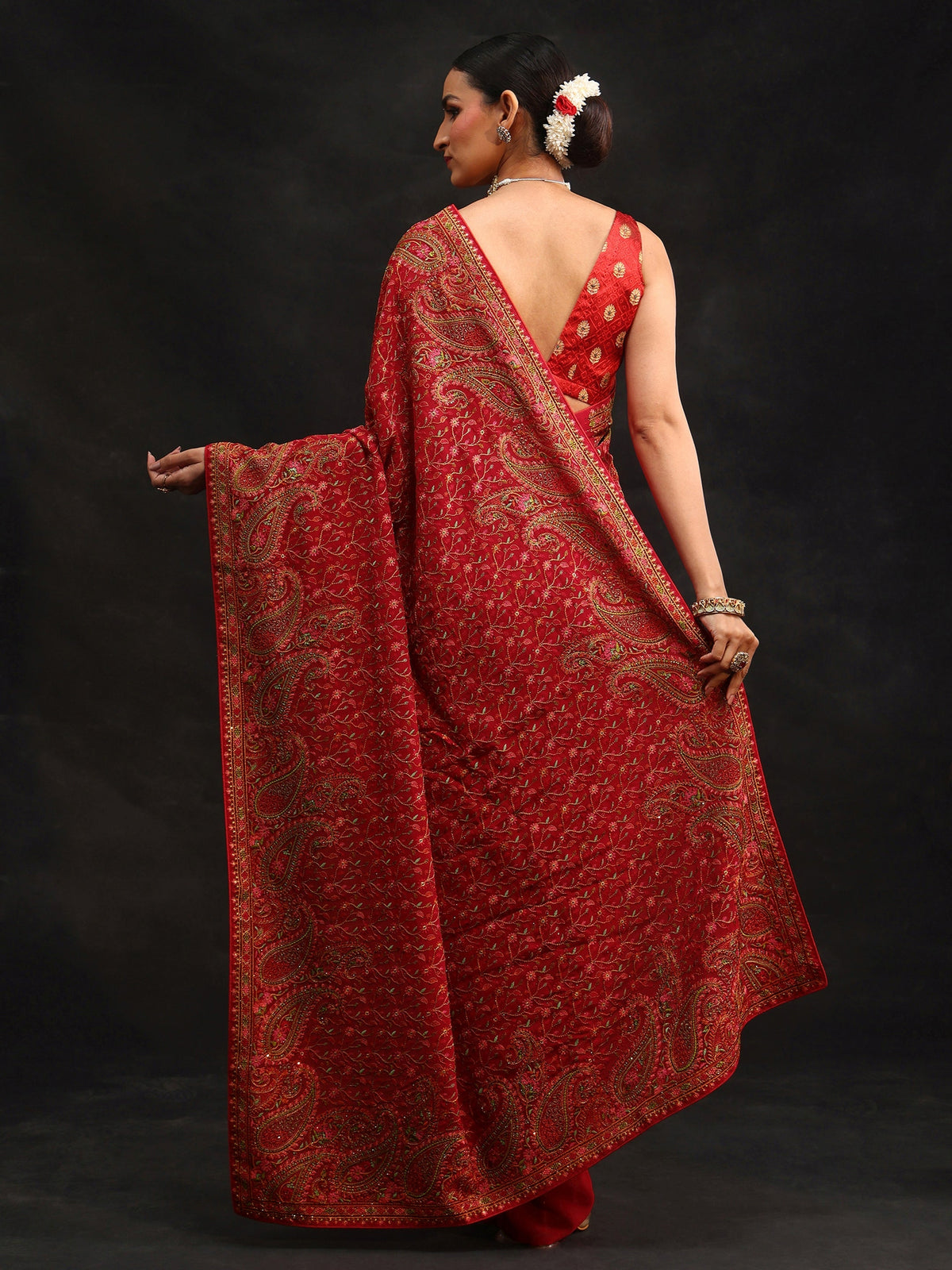 Art Crimson Red Paisley Embroidered Georgette Saree