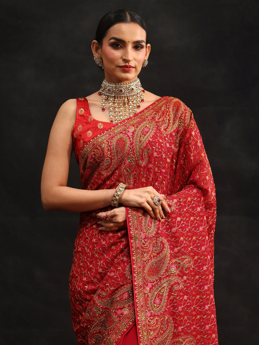 Art Crimson Red Paisley Embroidered Georgette Saree